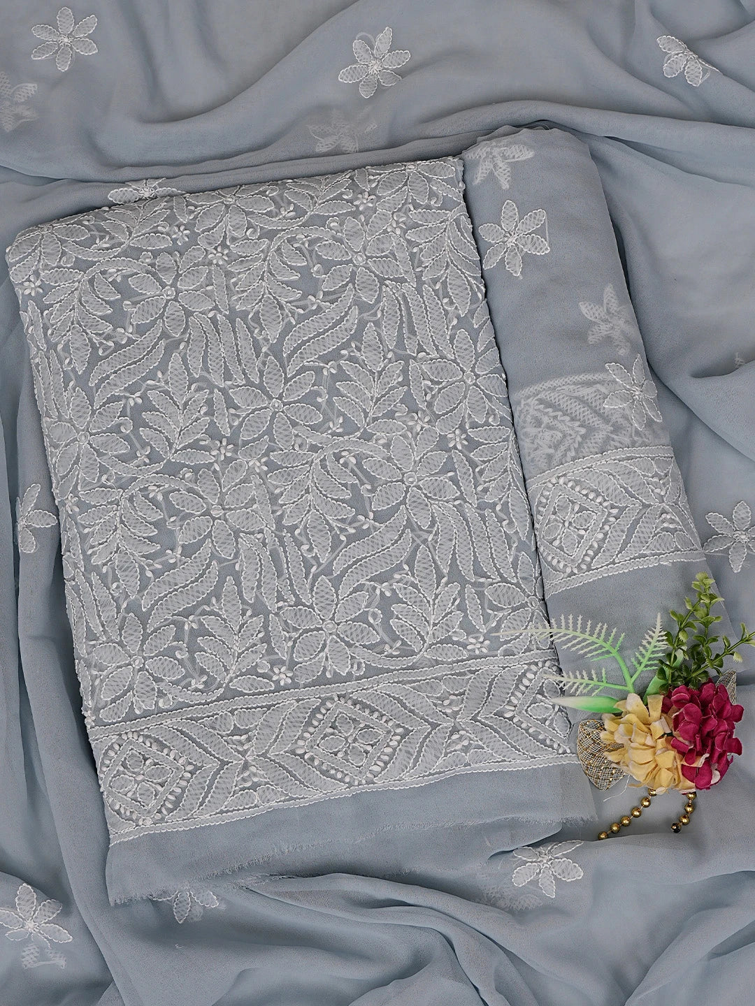 Ada Hand Embroidered Greyish Blue Georgette Lucknowi Chikankari Unstitched Suit Piece 01A867796
