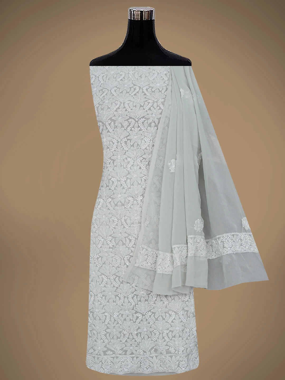 Ada Hand Embroidered Ash Grey Georgette Lucknowi Chikankari Unstitched Suit Piece 01A867797