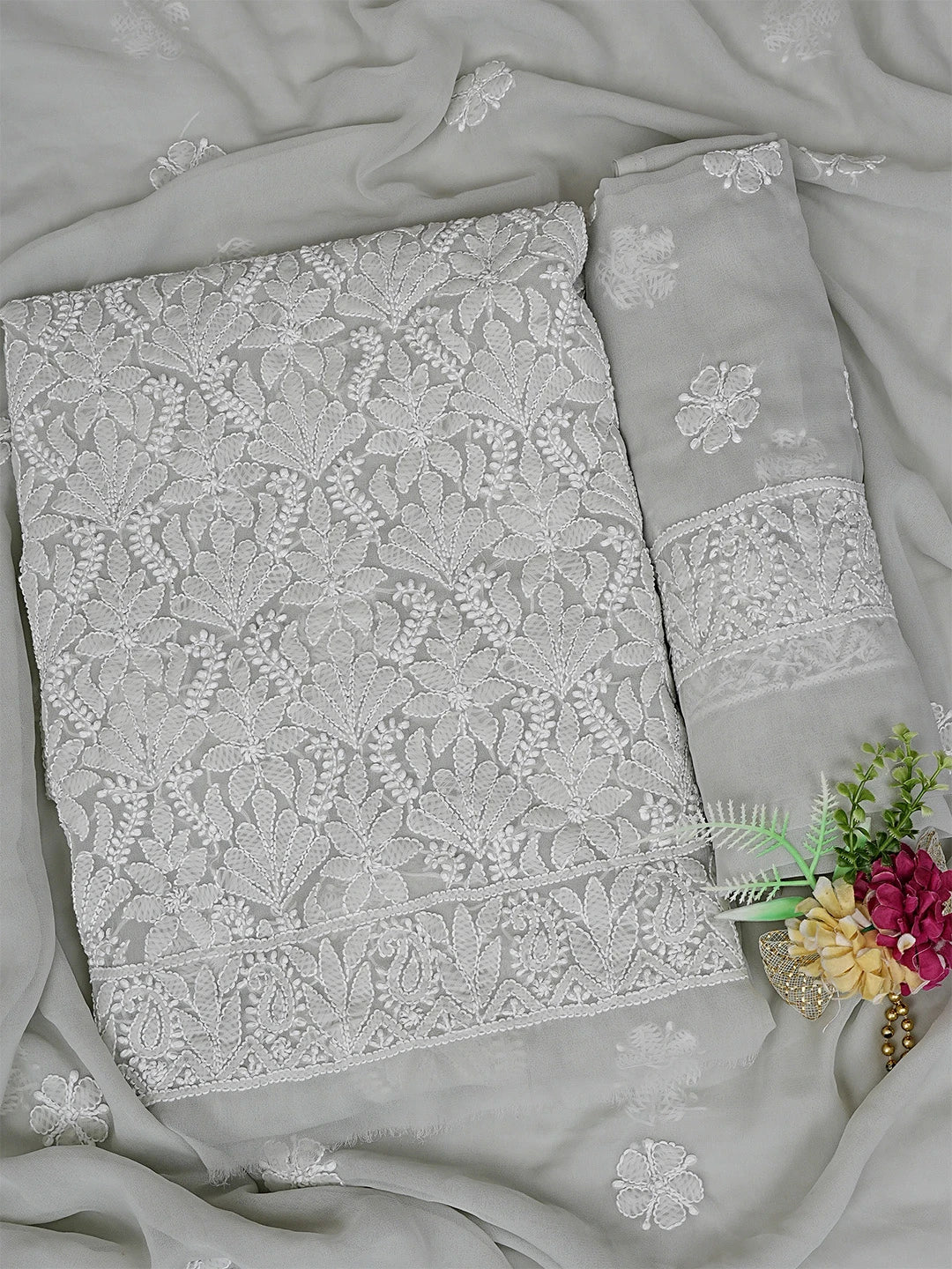 Ada Hand Embroidered Ash Grey Georgette Lucknowi Chikankari Unstitched Suit Piece 01A867797