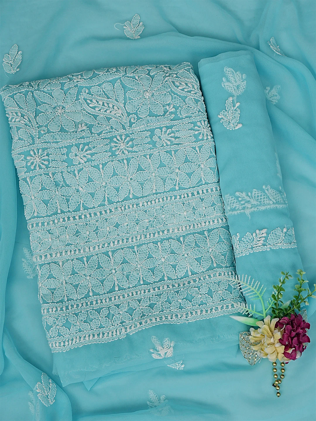 Ada Hand Embroidered Blue Georgette Lucknowi Chikankari Unstitched Suit Piece 01A836560
