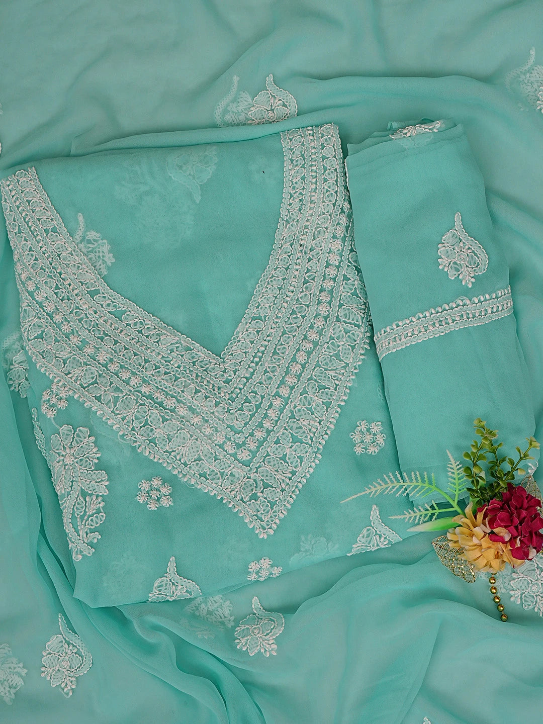 Ada Hand Embroidered Sea Green Georgette Lucknowi Chikankari Unstitched Suit Piece 01A866876