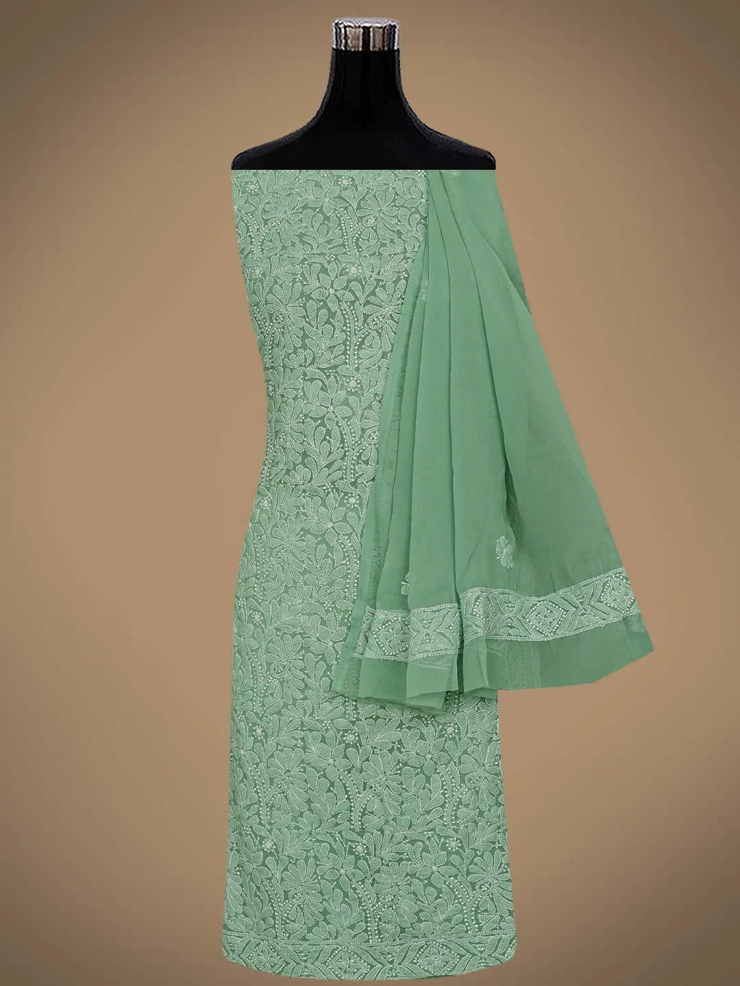Ada Hand Embroidered Jungle Green Georgette Lucknowi Chikankari Unstitched Suit Piece 01A867802
