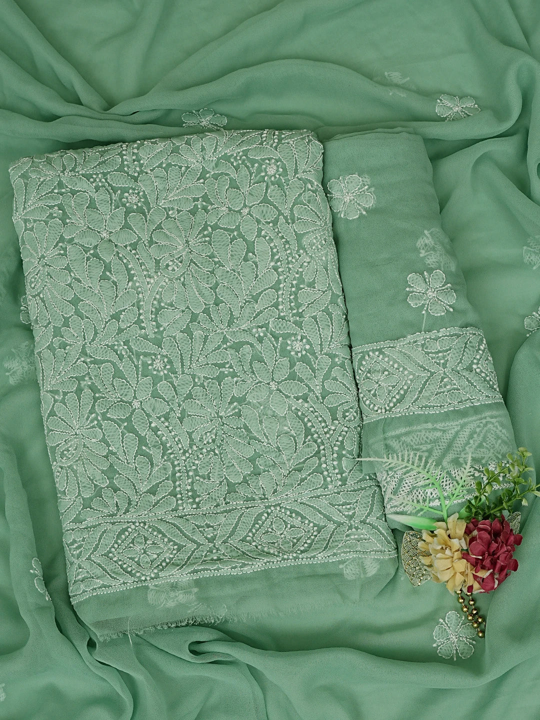 Ada Hand Embroidered Jungle Green Georgette Lucknowi Chikankari Unstitched Suit Piece 01A867802