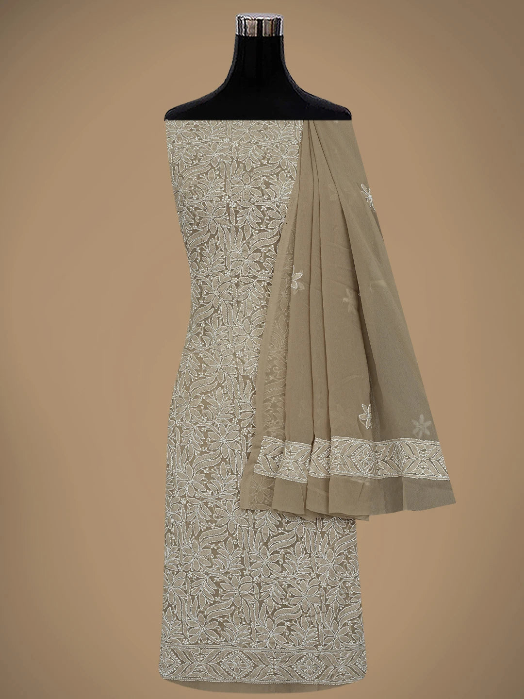 Ada Hand Embroidered Dark Fawn Georgette Lucknowi Chikankari Unstitched Suit Piece 01A867800