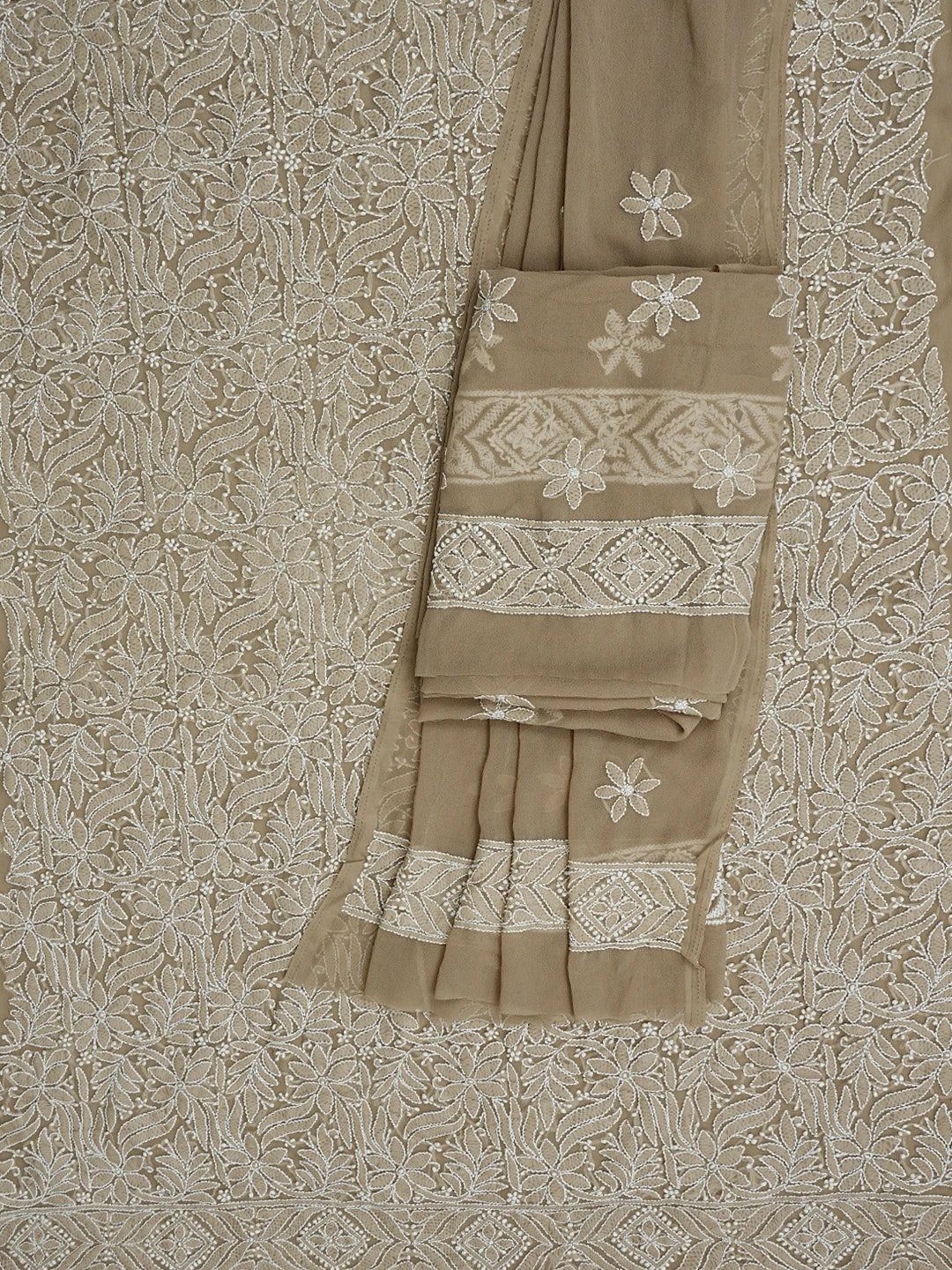 Ada Hand Embroidered Dark Fawn Georgette Lucknowi Chikankari Unstitched Suit Piece 01A867800