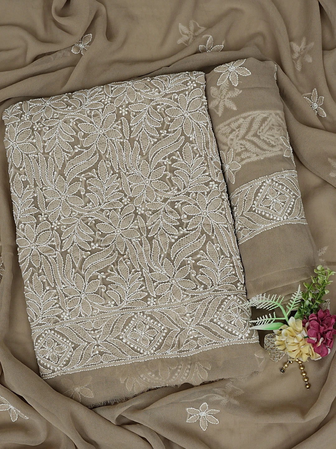 Ada Hand Embroidered Dark Fawn Georgette Lucknowi Chikankari Unstitched Suit Piece 01A867800