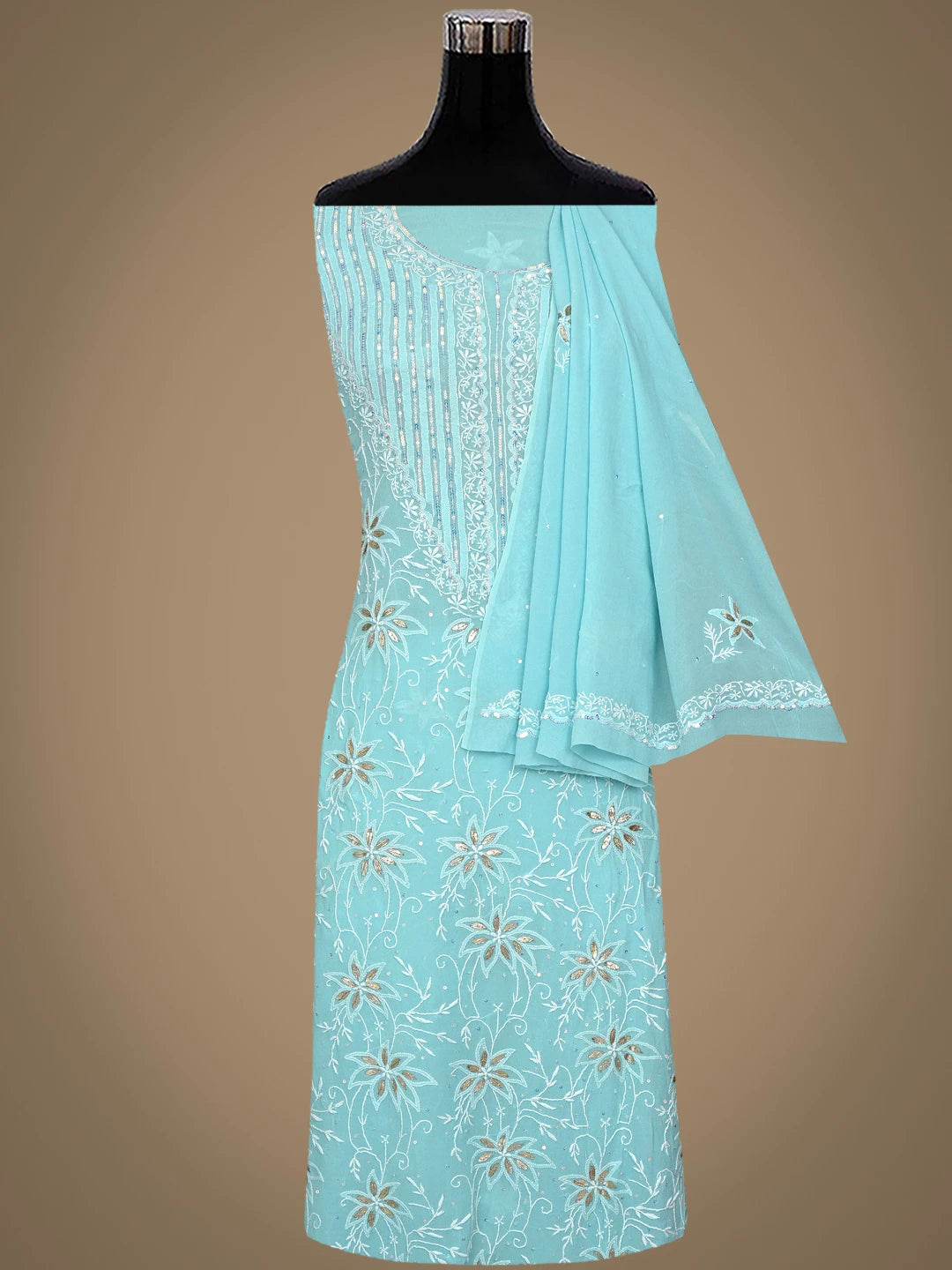 Ada Hand Embroidered Sky Blue Pure Georgette Lucknowi Chikankari Unstitched Kurta Dupatta Set With Sequinned Work 01A384478