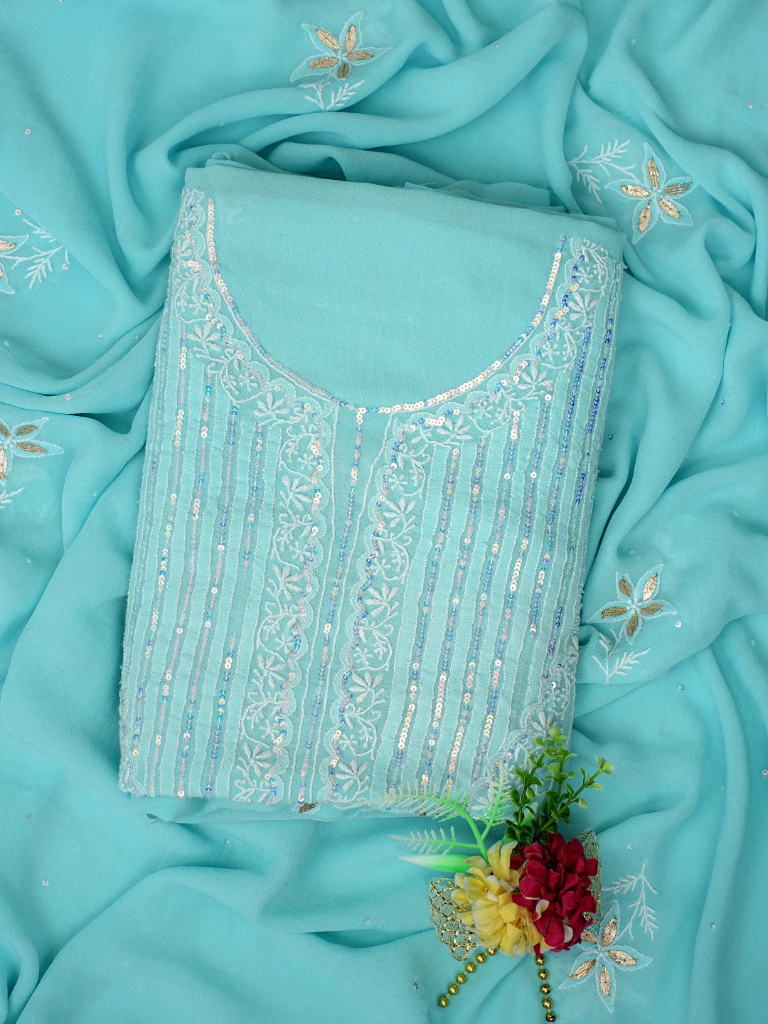 Ada Hand Embroidered Sky Blue Pure Georgette Lucknowi Chikankari Unstitched Kurta Dupatta Set With Sequinned Work 01A384478