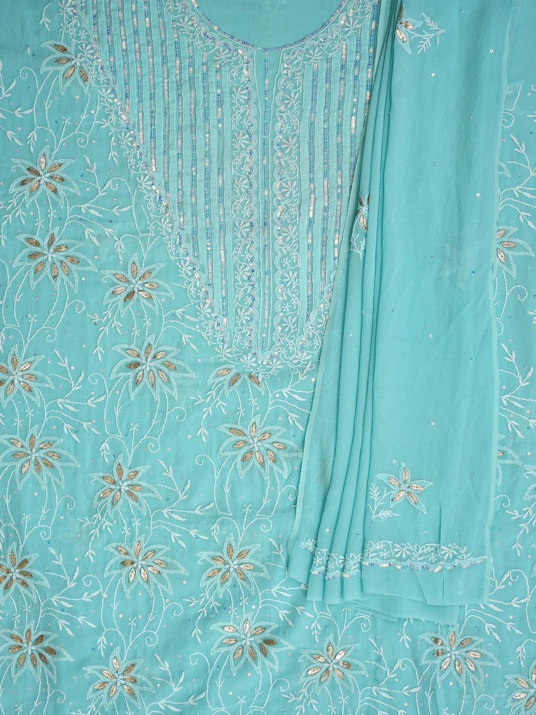 Ada Hand Embroidered Sky Blue Pure Georgette Lucknowi Chikankari Unstitched Kurta Dupatta Set With Sequinned Work 01A384478