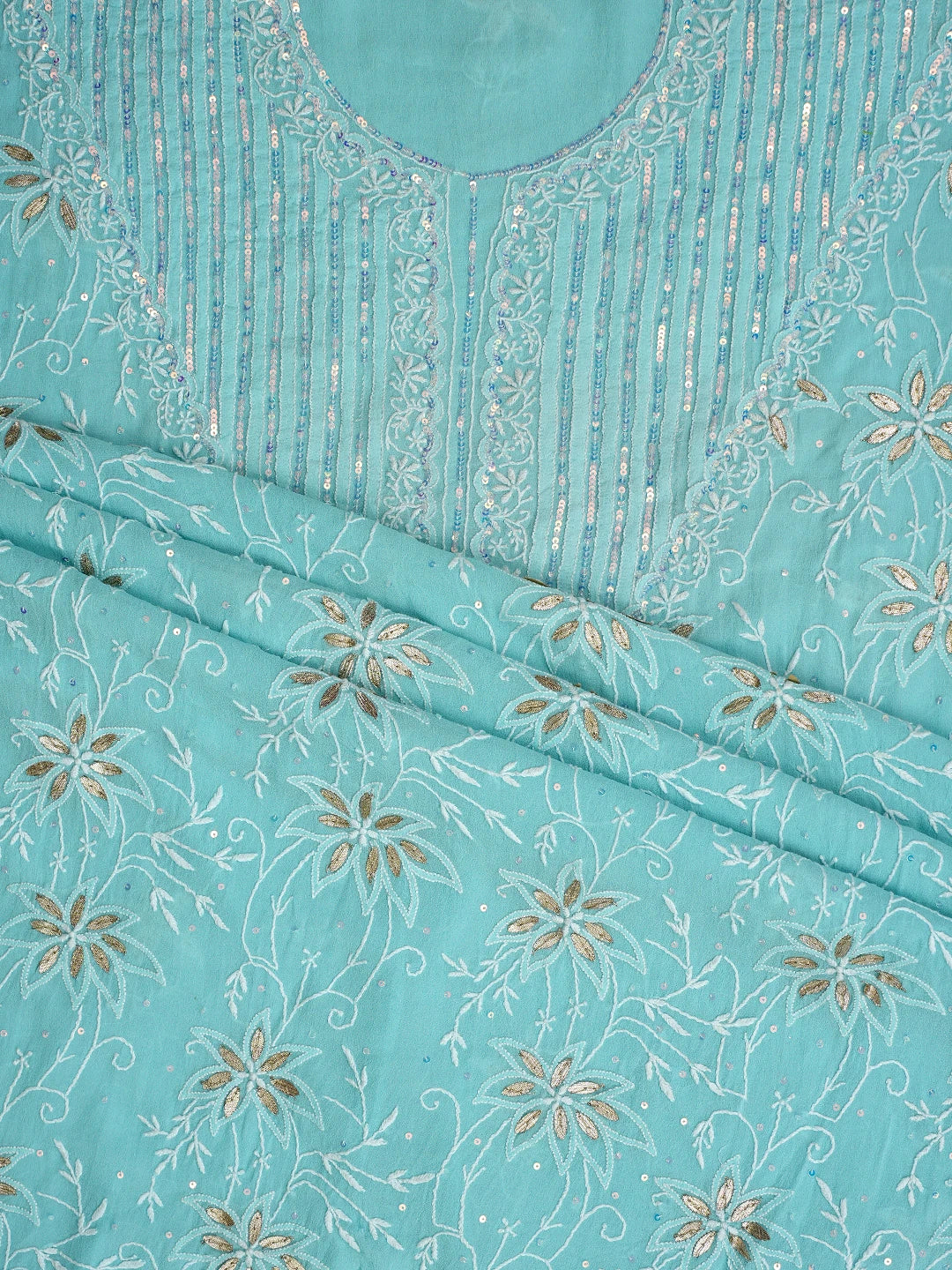 Ada Hand Embroidered Sky Blue Pure Georgette Lucknowi Chikankari Unstitched Kurta Dupatta Set With Sequinned Work 01A384478