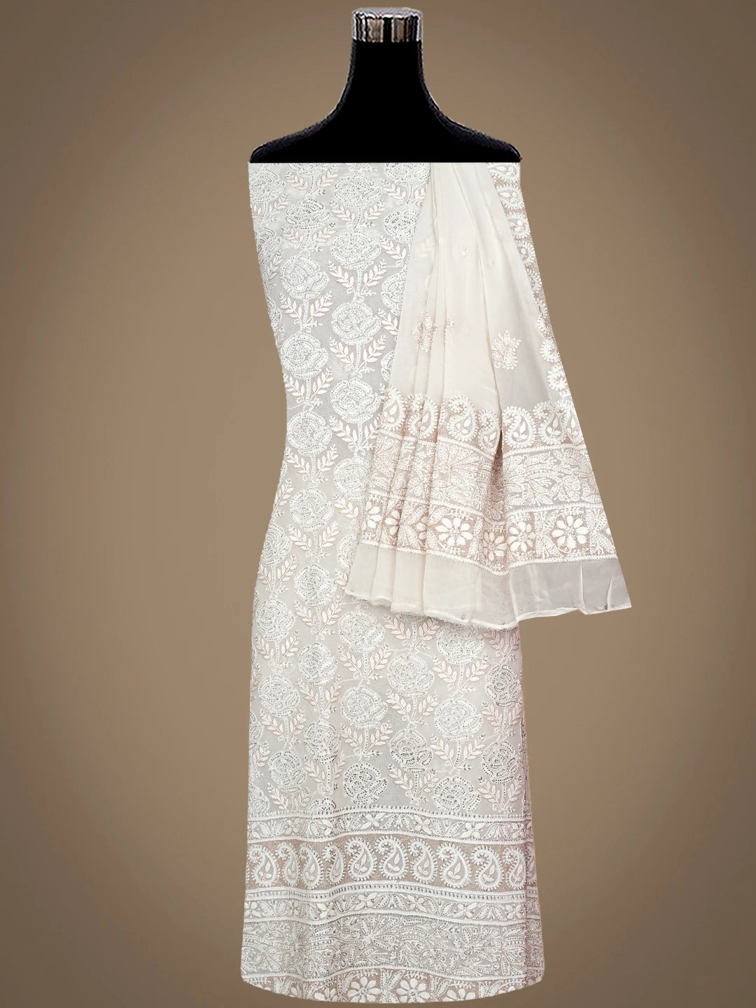 Ada Hand Embroidered White Pure Georgette Lucknowi Chikankari Unstitched Kurta Dupatta Set With Cutdana Work 01A421457