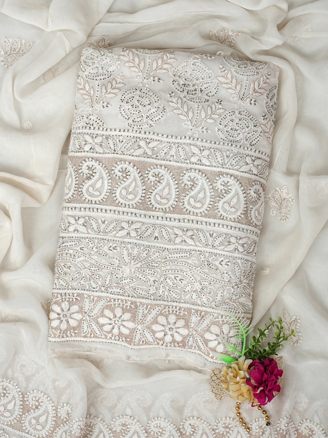 Ada Hand Embroidered White Pure Georgette Lucknowi Chikankari Unstitched Kurta Dupatta Set With Cutdana Work 01A421457