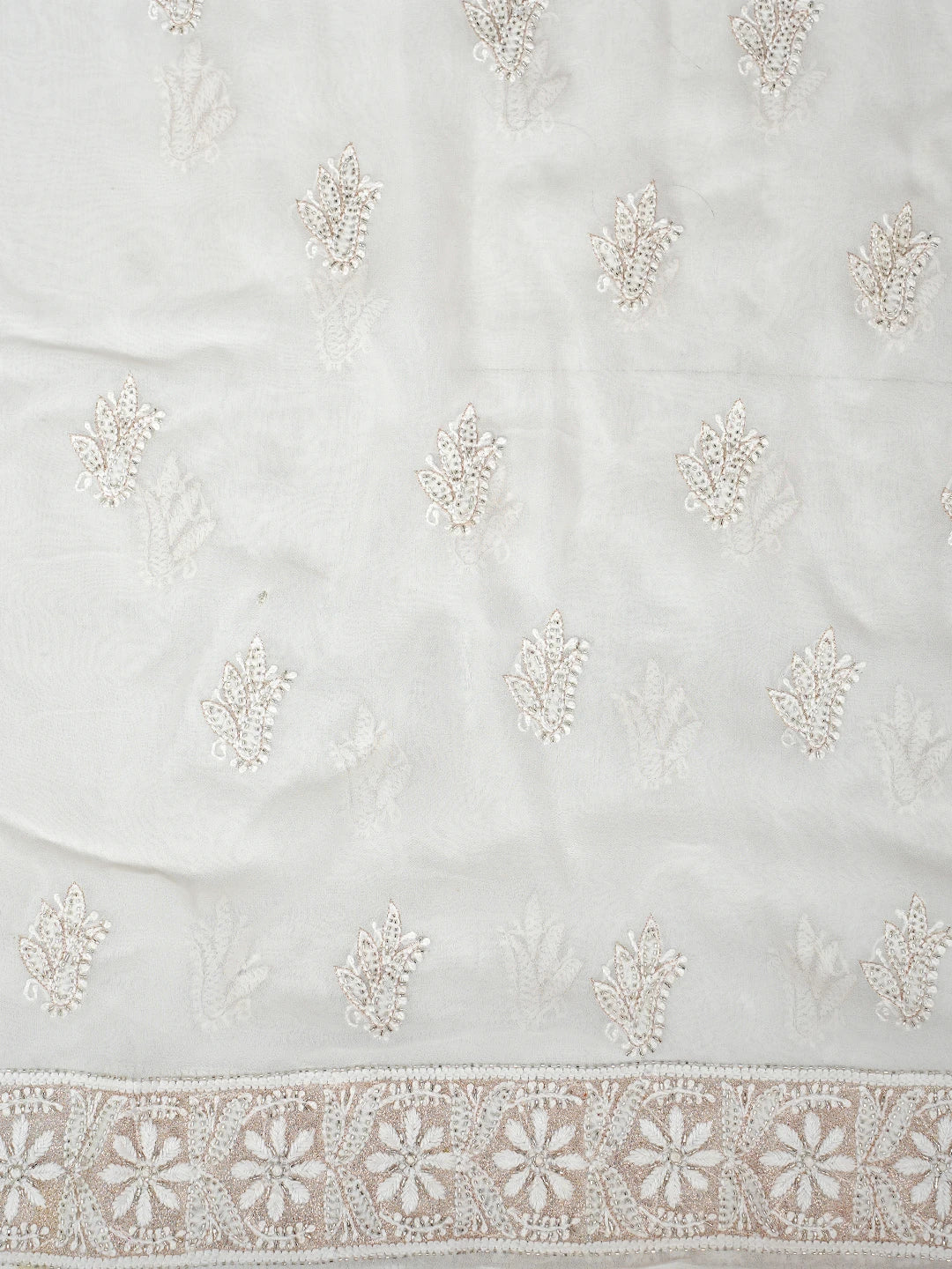 Ada Hand Embroidered White Pure Georgette Lucknowi Chikankari Unstitched Kurta Dupatta Set With Cutdana Work 01A421457