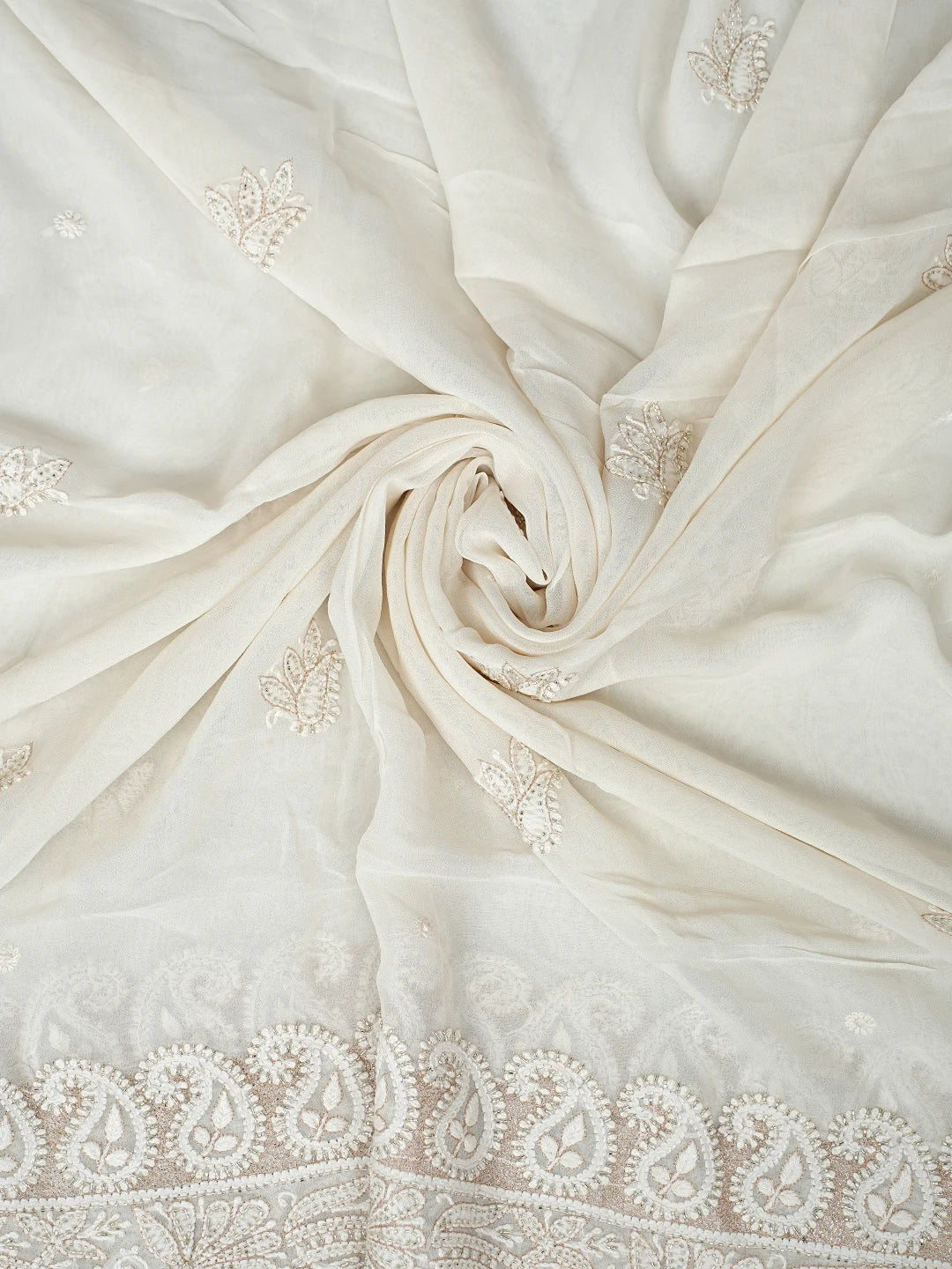 Ada Hand Embroidered White Pure Georgette Lucknowi Chikankari Unstitched Kurta Dupatta Set With Cutdana Work 01A421457