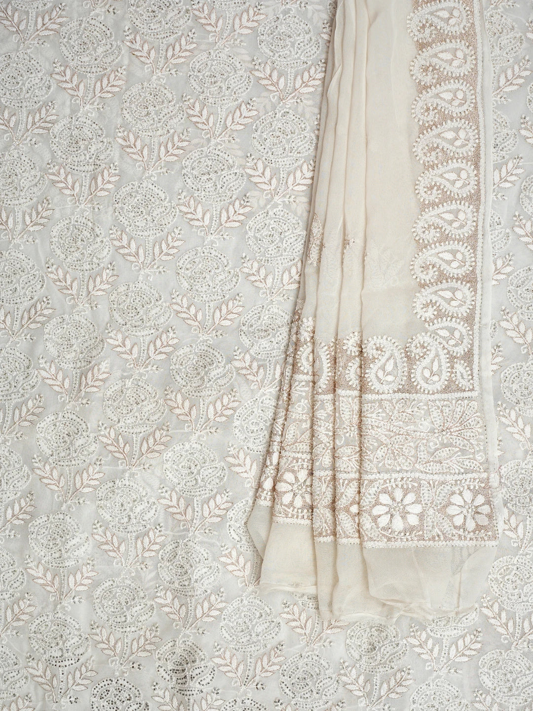 Ada Hand Embroidered White Pure Georgette Lucknowi Chikankari Unstitched Kurta Dupatta Set With Cutdana Work 01A421457