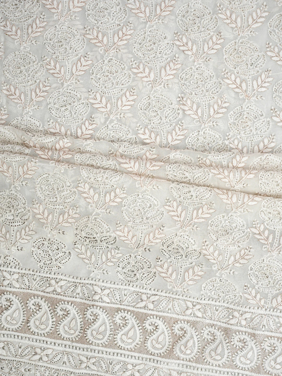 Ada Hand Embroidered White Pure Georgette Lucknowi Chikankari Unstitched Kurta Dupatta Set With Cutdana Work 01A421457