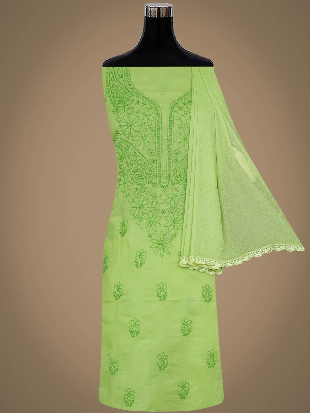Ada Hand Embroidered Chartreuse Green Cotton Lucknowi Chikankari Unstitched Suit Piece 01A868012