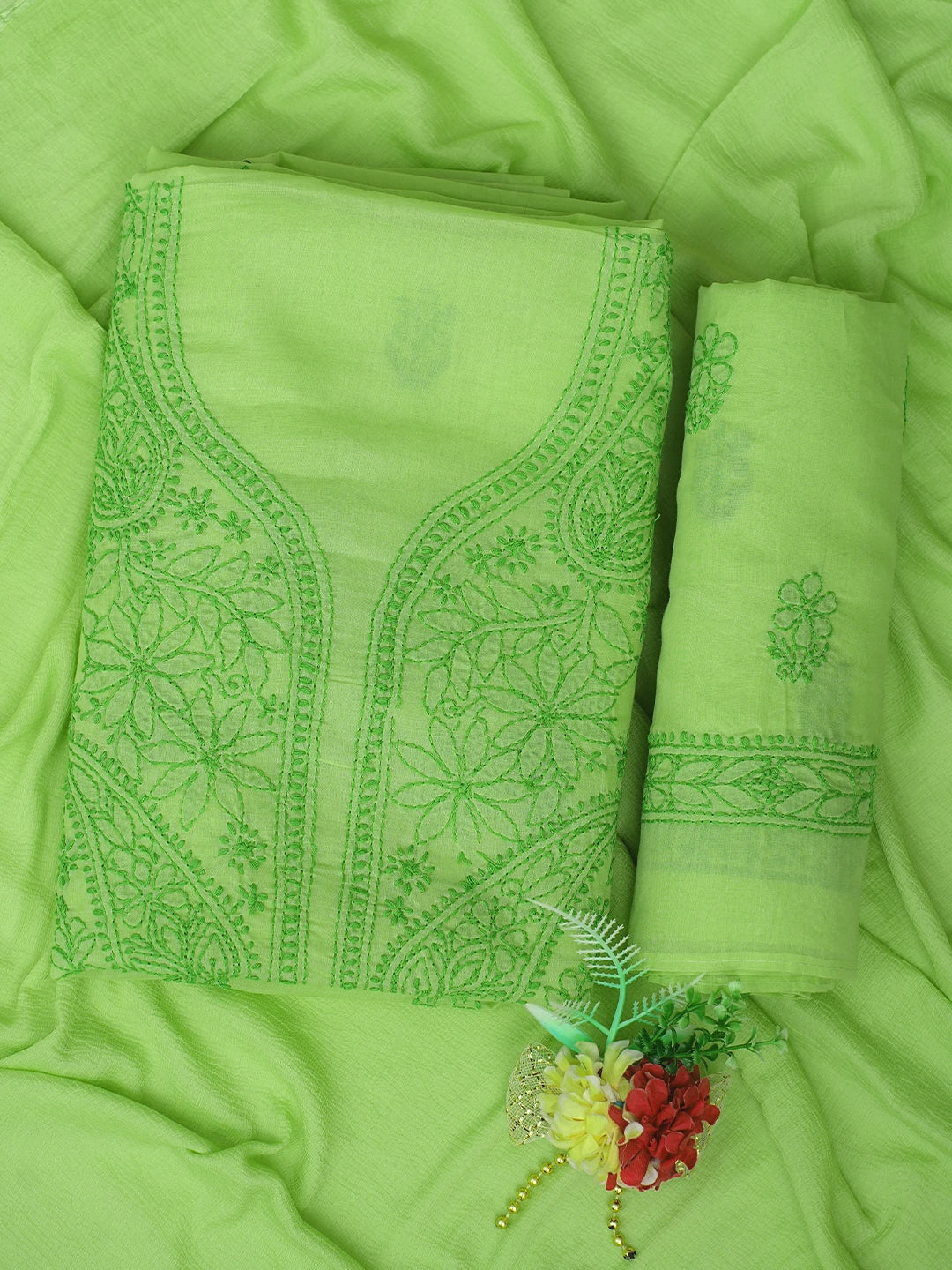 Ada Hand Embroidered Chartreuse Green Cotton Lucknowi Chikankari Unstitched Suit Piece 01A868012