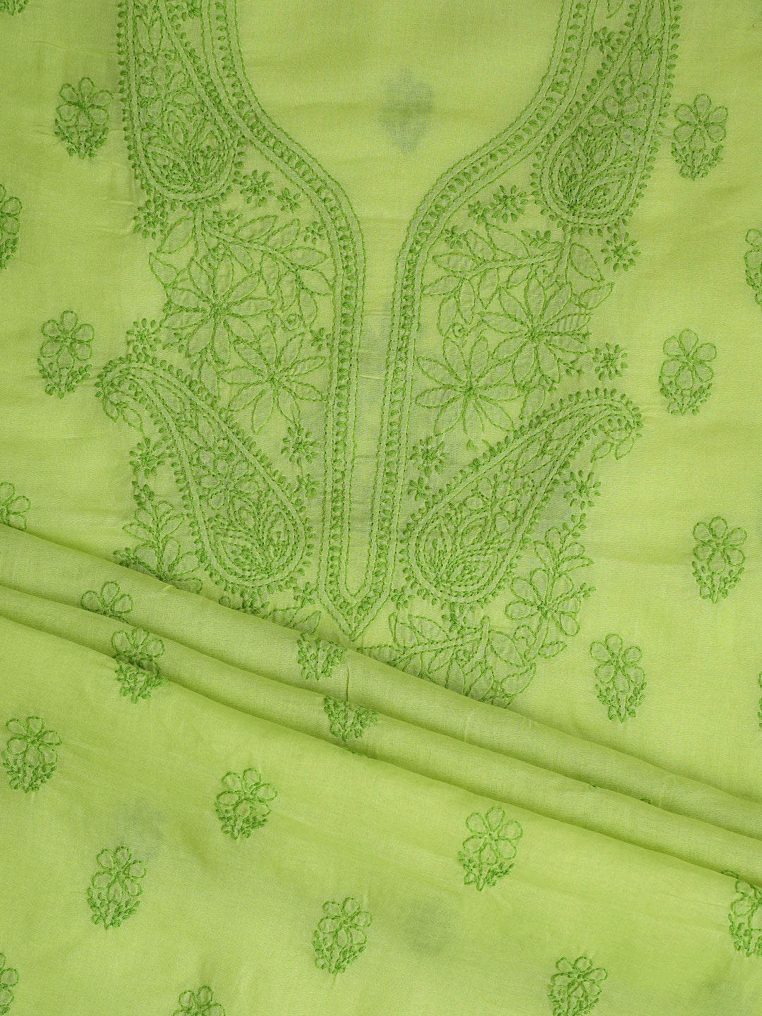 Ada Hand Embroidered Chartreuse Green Cotton Lucknowi Chikankari Unstitched Suit Piece 01A868012