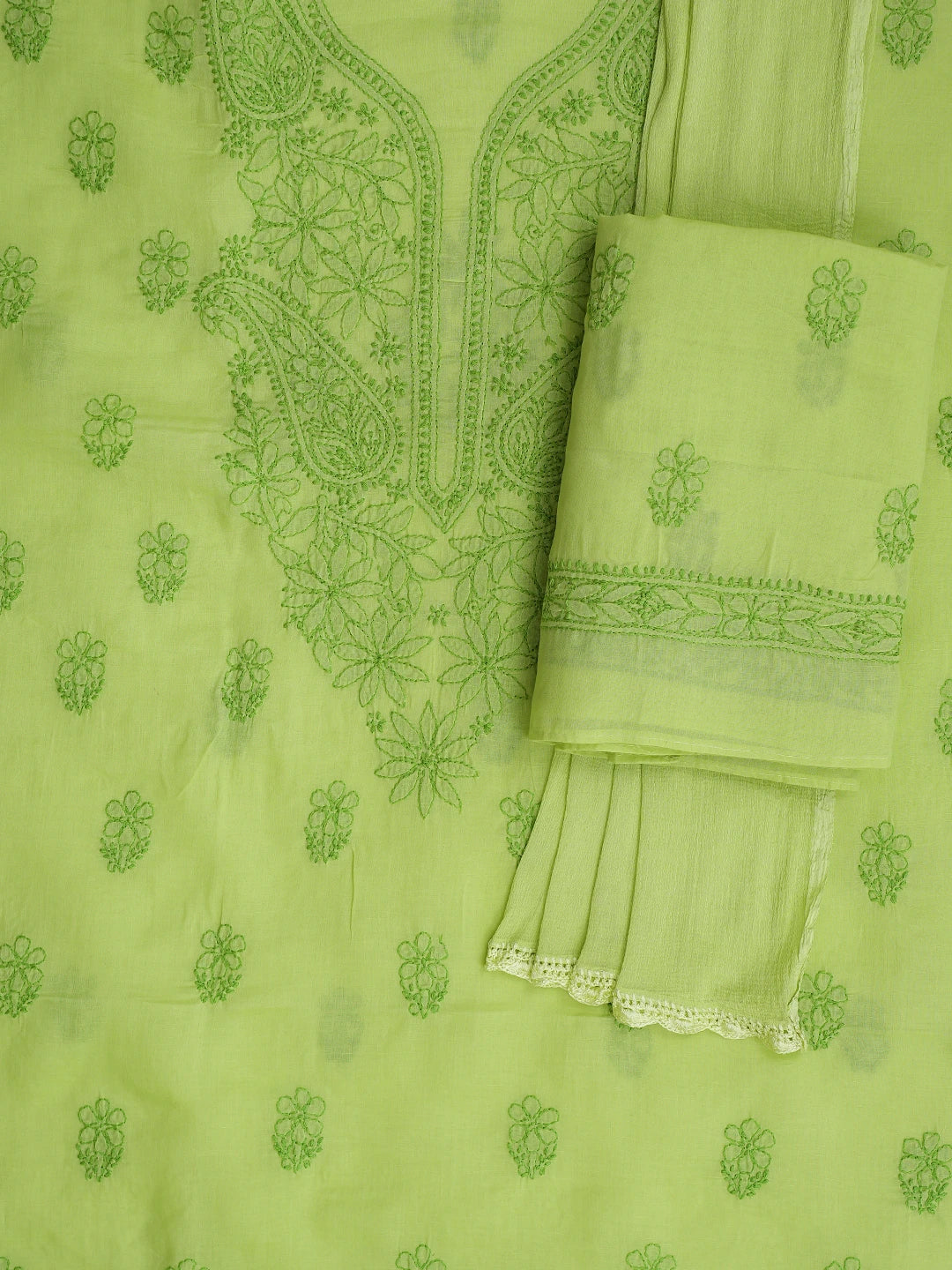 Ada Hand Embroidered Chartreuse Green Cotton Lucknowi Chikankari Unstitched Suit Piece 01A868012