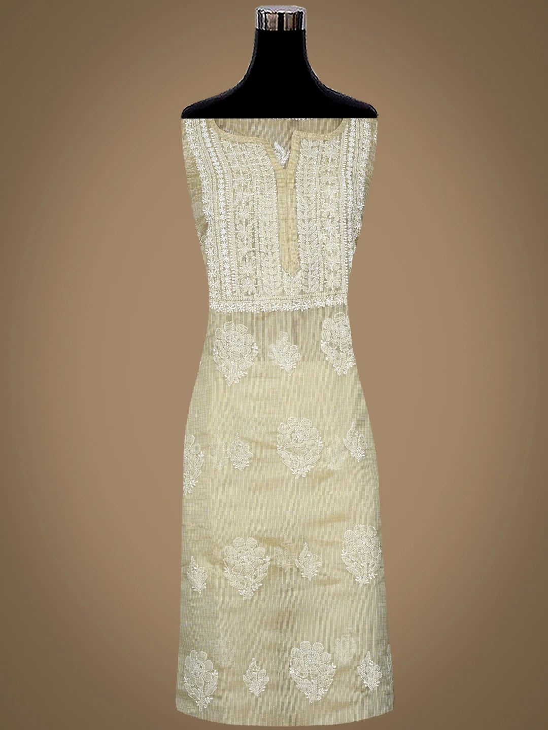 Ada Hand Embroidered Fawn Tissue Lucknowi Chikankari Semi-Stitched Kurta Dupatta Set 01A736033