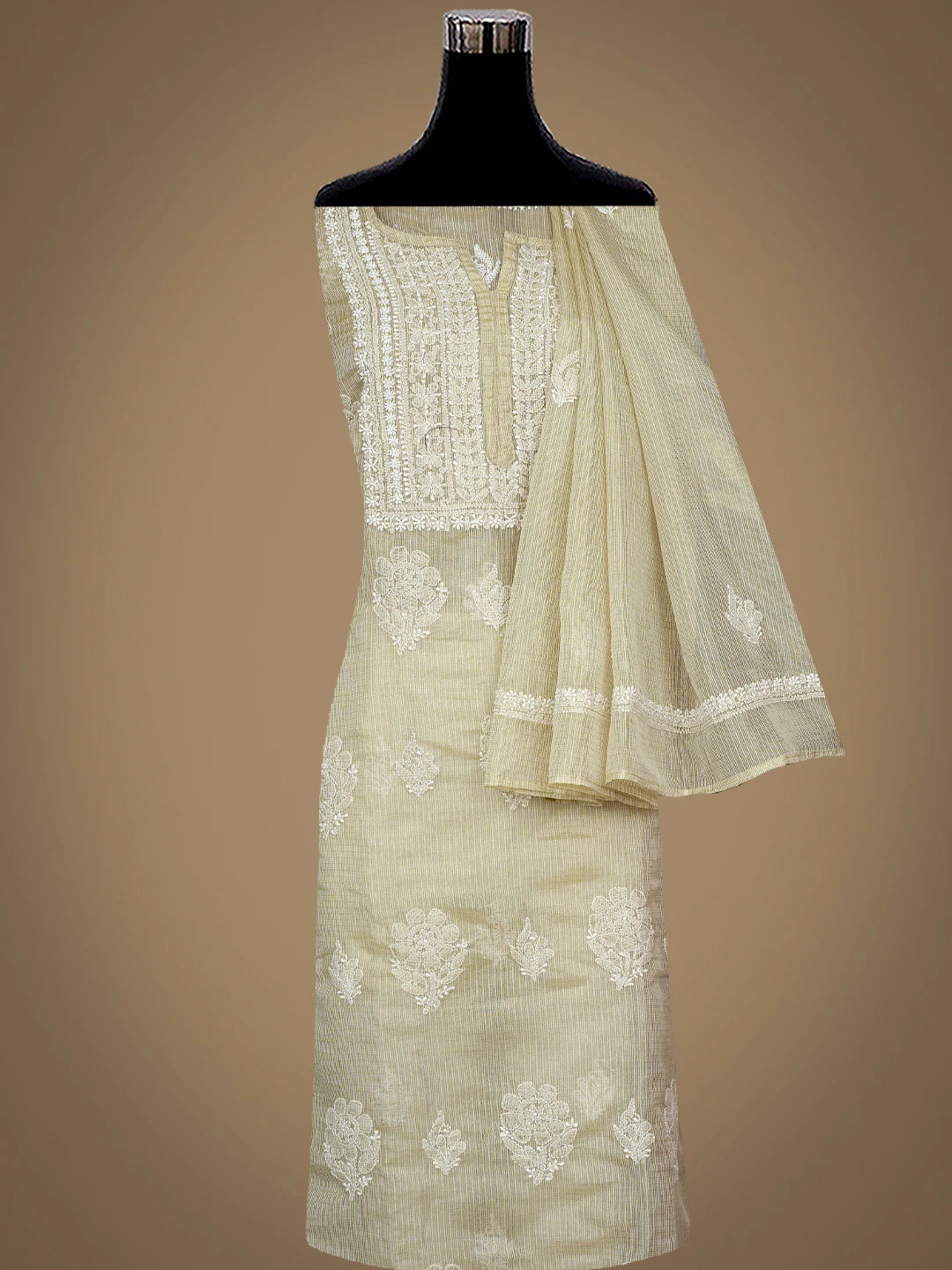 Ada Hand Embroidered Fawn Tissue Lucknowi Chikankari Semi-Stitched Kurta Dupatta Set 01A736033