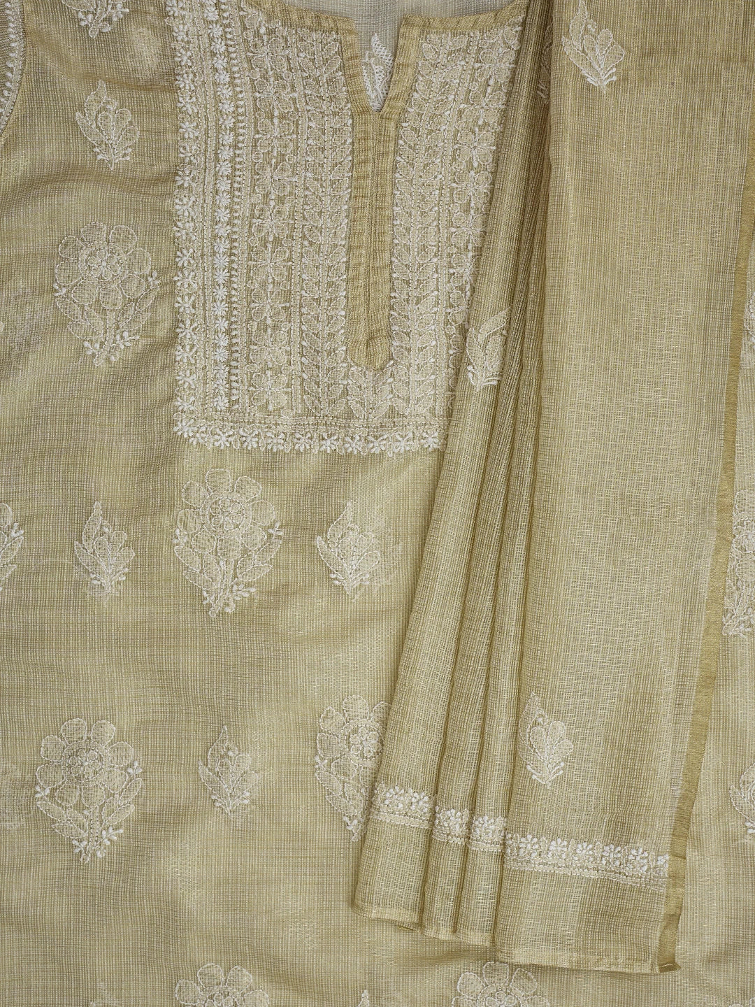 Ada Hand Embroidered Fawn Tissue Lucknowi Chikankari Semi-Stitched Kurta Dupatta Set 01A736033