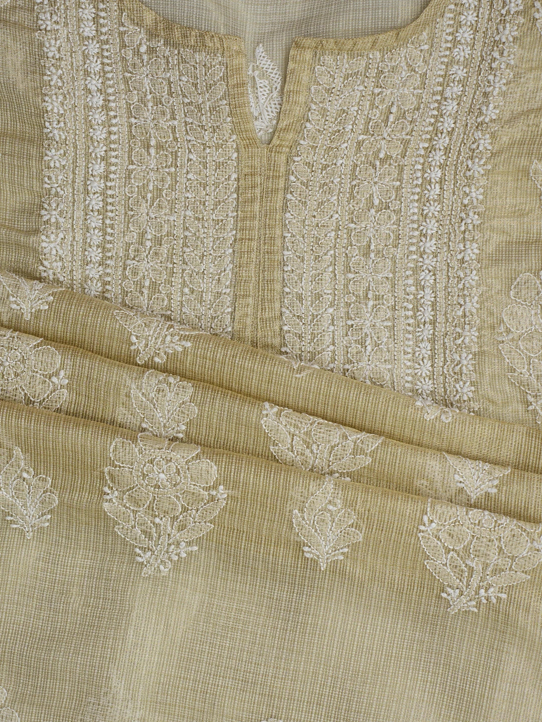 Ada Hand Embroidered Fawn Tissue Lucknowi Chikankari Semi-Stitched Kurta Dupatta Set 01A736033