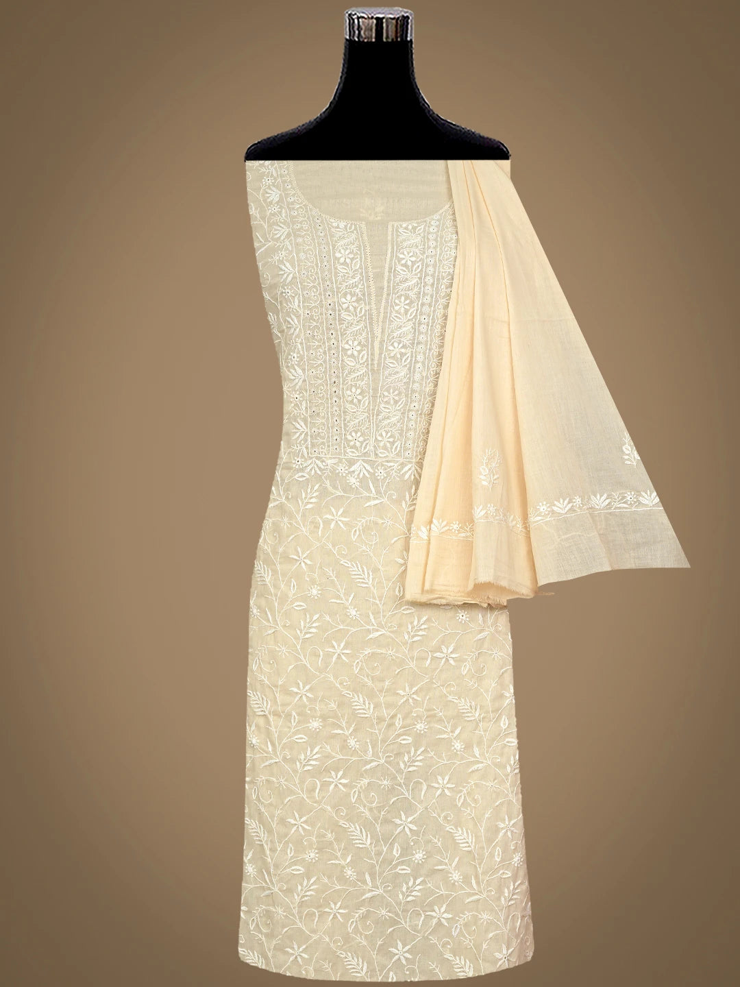 Ada Hand Embroidered Fawn Cotton Lucknowi Chikankari Unstitched Kurta Dupatta Set 01A307751