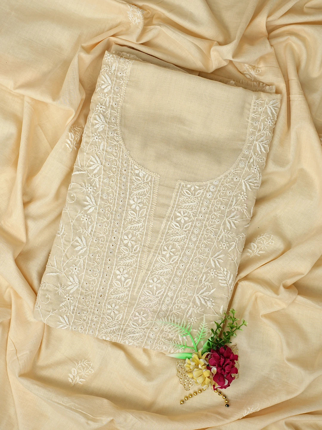 Ada Hand Embroidered Fawn Cotton Lucknowi Chikankari Unstitched Kurta Dupatta Set 01A307751