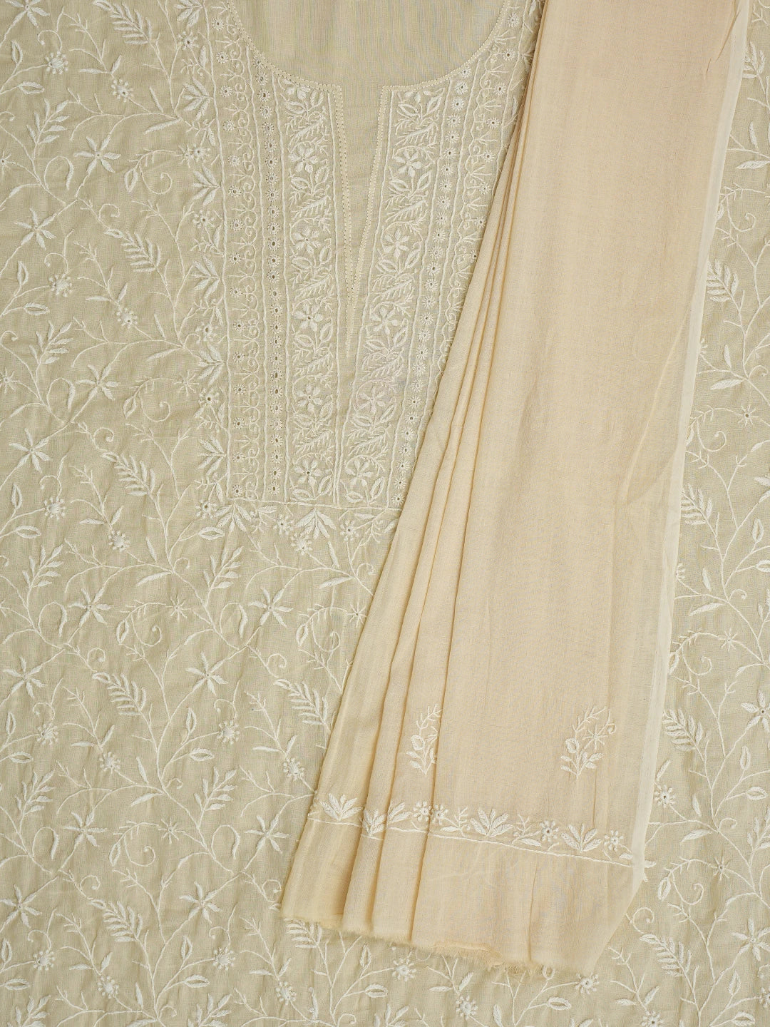 Ada Hand Embroidered Fawn Cotton Lucknowi Chikankari Unstitched Kurta Dupatta Set 01A307751