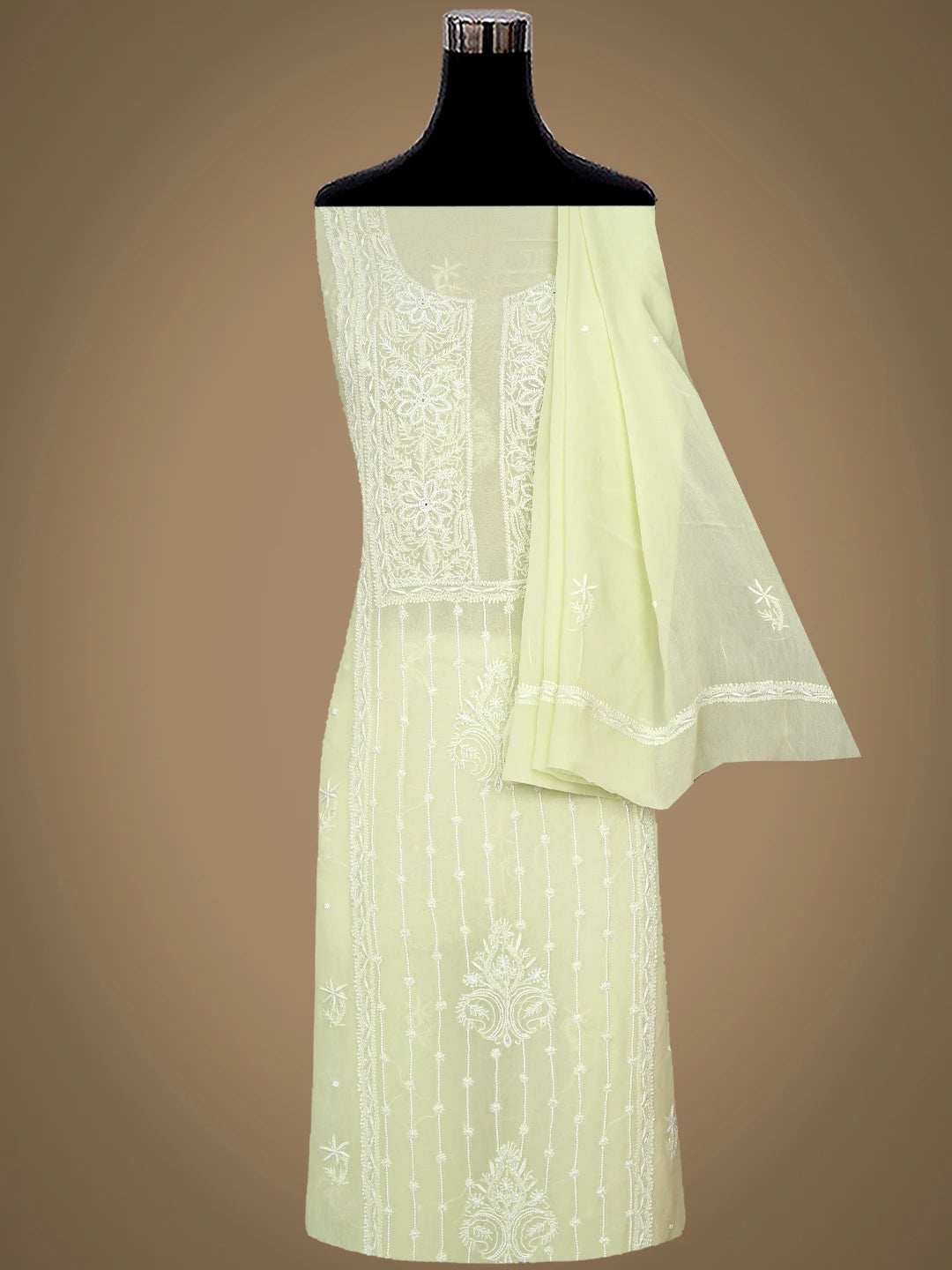 Ada Hand Embroidered Lime Green Viscose Georgette Lucknowi Chikankari Unstitched Kurta Dupatta Set With Pearl Work 01A817633