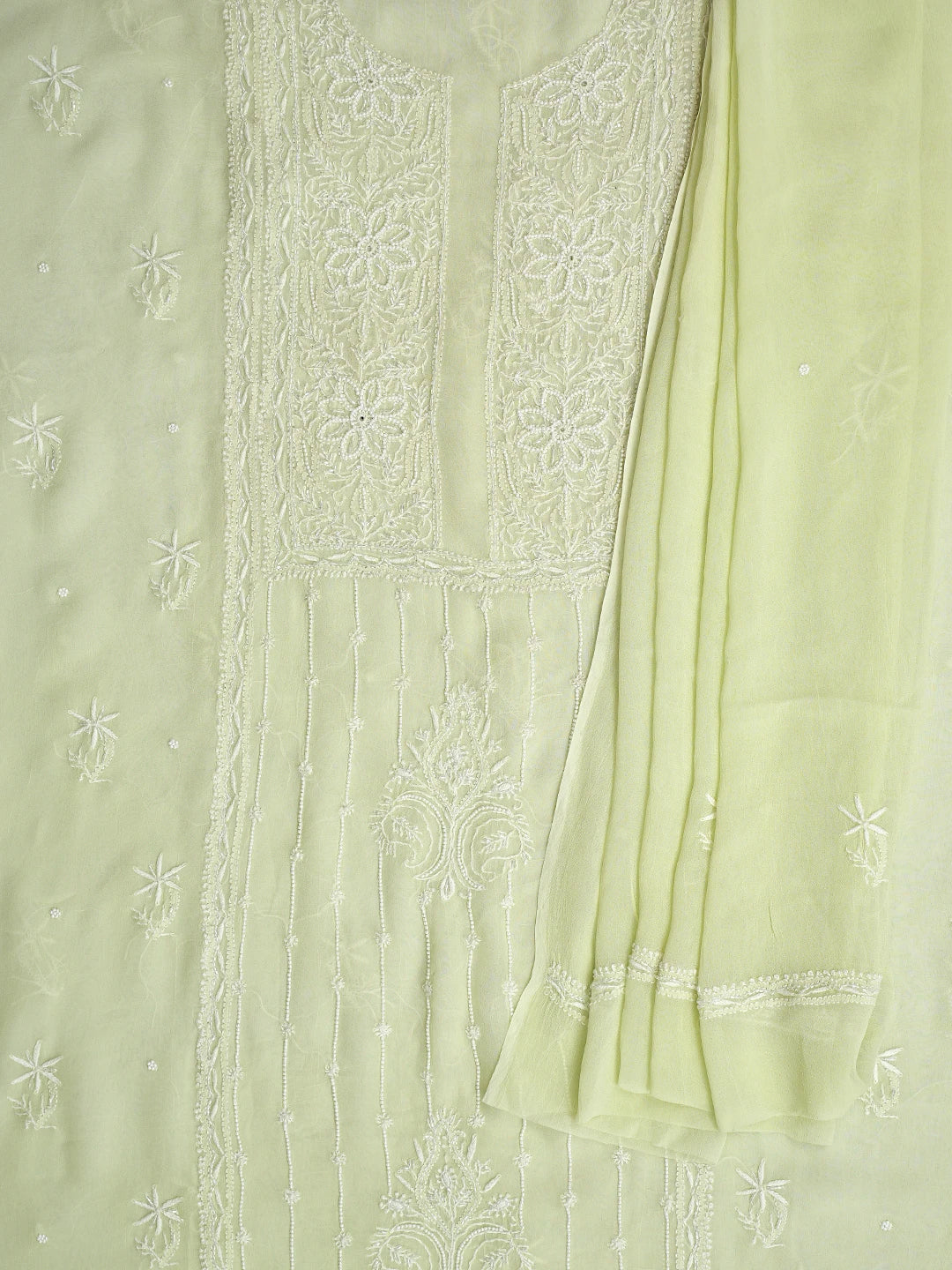 Ada Hand Embroidered Lime Green Viscose Georgette Lucknowi Chikankari Unstitched Kurta Dupatta Set With Pearl Work 01A817633