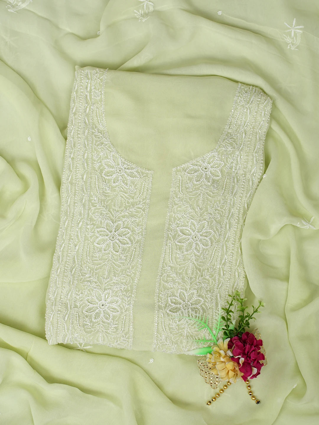 Ada Hand Embroidered Lime Green Viscose Georgette Lucknowi Chikankari Unstitched Kurta Dupatta Set With Pearl Work 01A817633