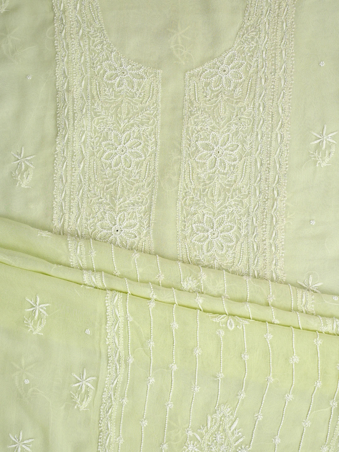 Ada Hand Embroidered Lime Green Viscose Georgette Lucknowi Chikankari Unstitched Kurta Dupatta Set With Pearl Work 01A817633
