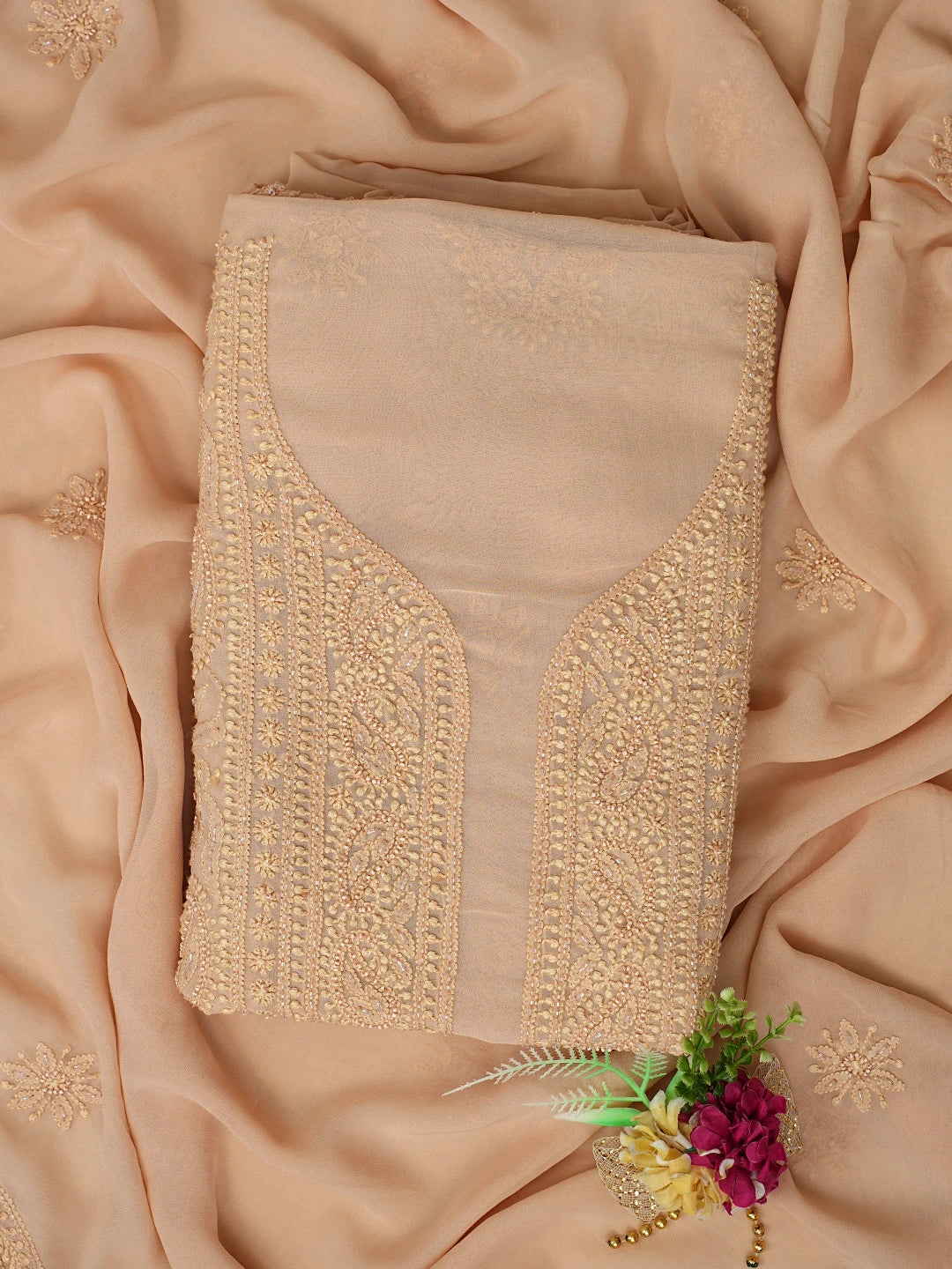 Ada Hand Embroidered Fawn Viscose Georgette Lucknowi Chikankari Unstitched Kurta Dupatta Set With Cutdana Work 01A801858