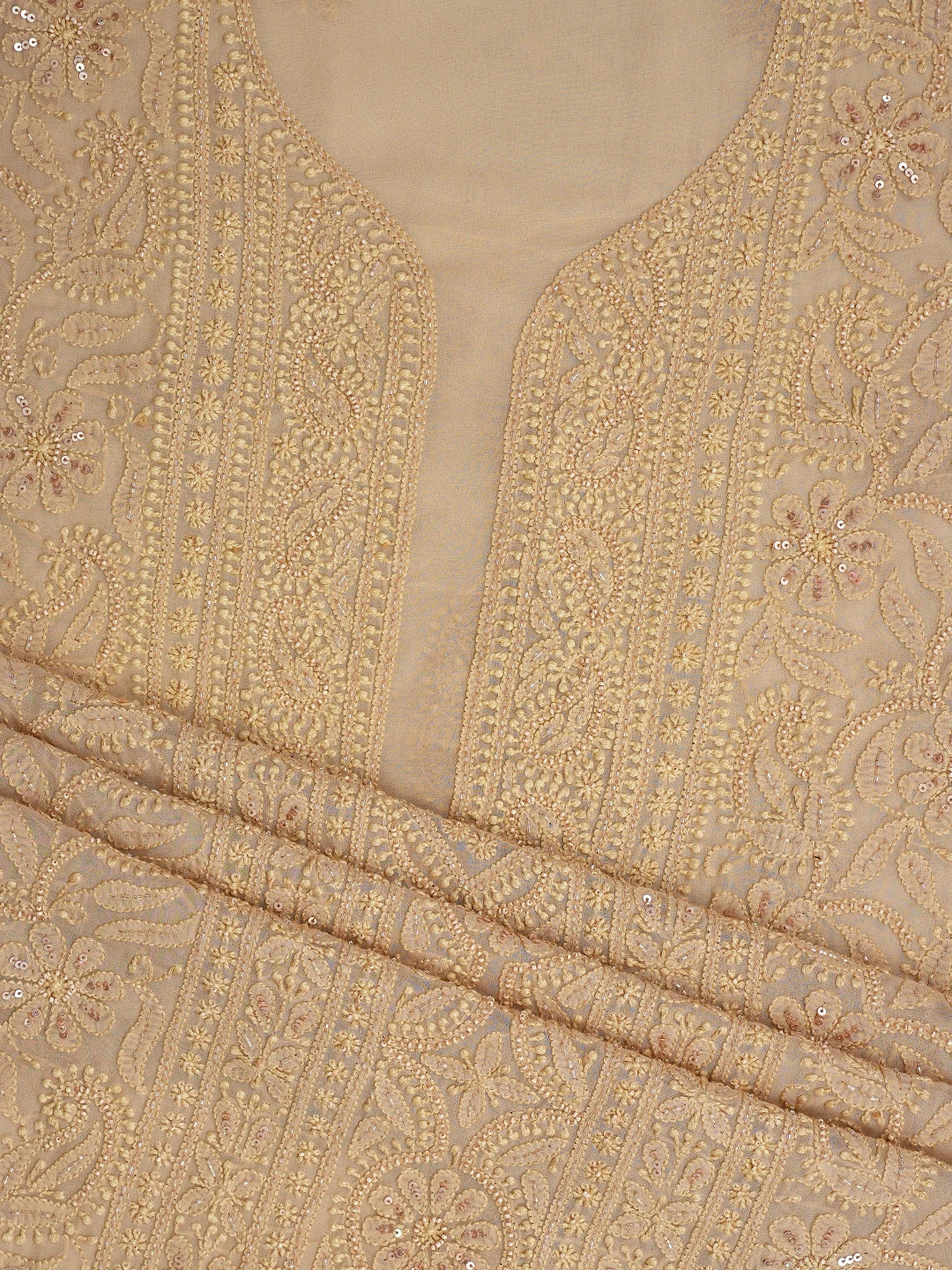 Ada Hand Embroidered Fawn Viscose Georgette Lucknowi Chikankari Unstitched Kurta Dupatta Set With Cutdana Work 01A801858