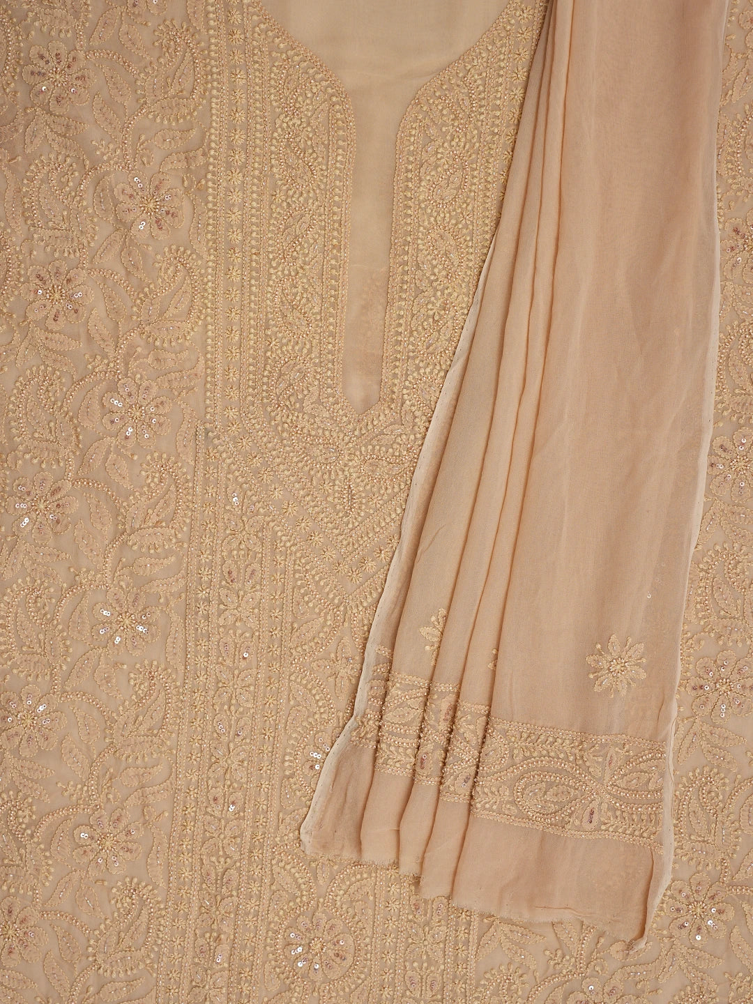 Ada Hand Embroidered Fawn Viscose Georgette Lucknowi Chikankari Unstitched Kurta Dupatta Set With Cutdana Work 01A801858