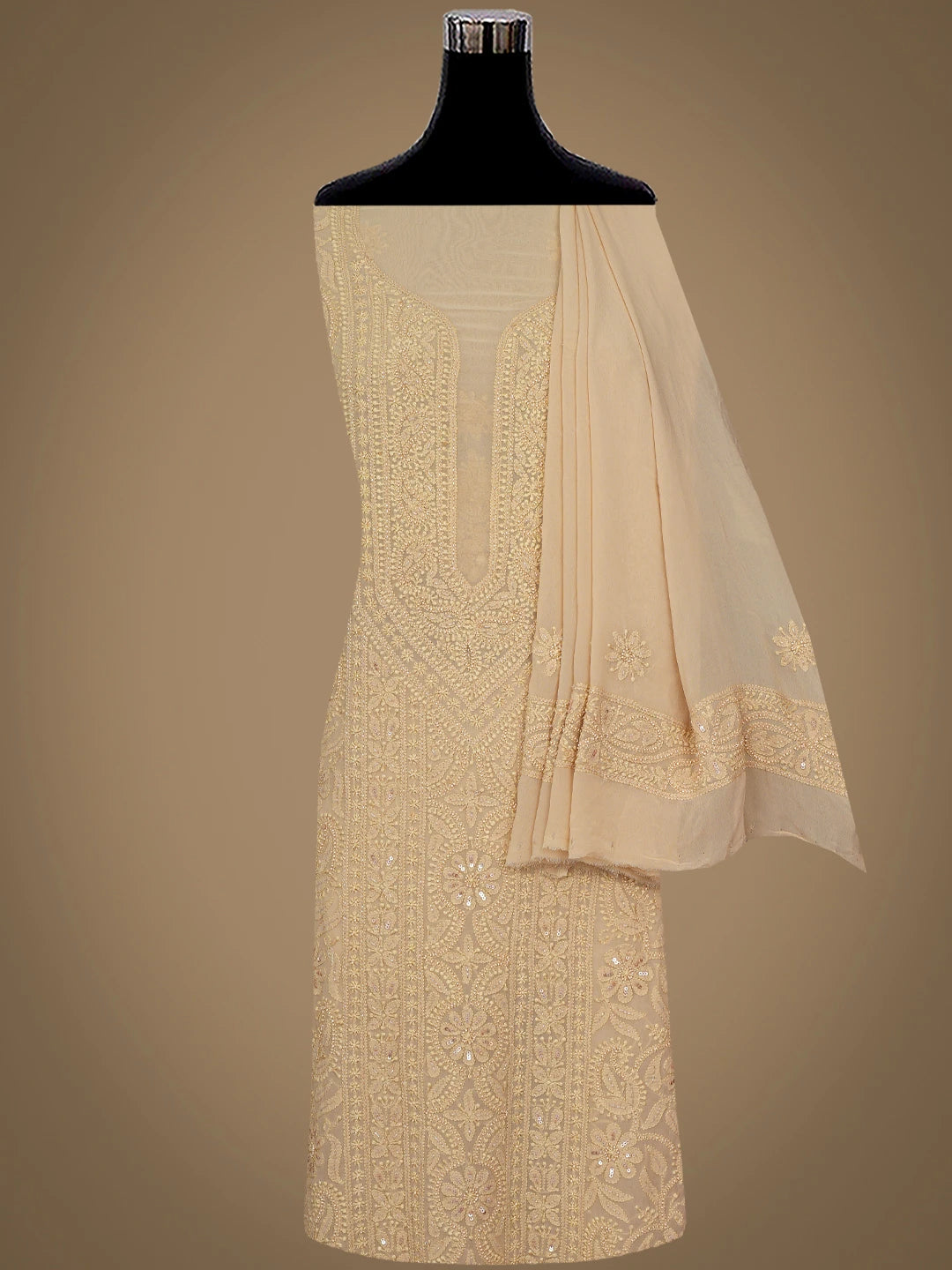 Ada Hand Embroidered Fawn Viscose Georgette Lucknowi Chikankari Unstitched Kurta Dupatta Set With Cutdana Work 01A801858