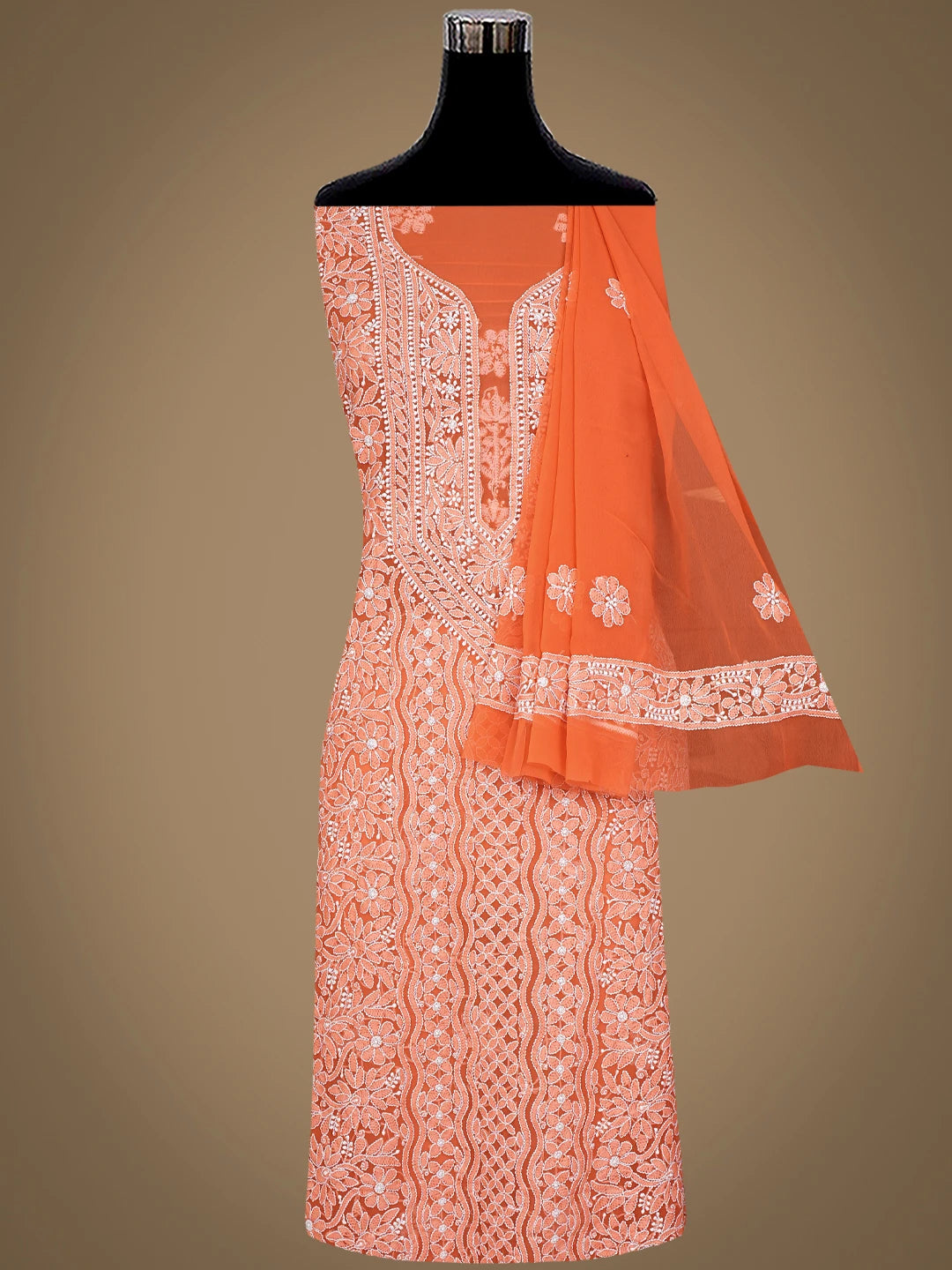 Ada Hand Embroidered Orange Georgette Lucknowi Chikankari Unstitched Suit Piece 01A835622