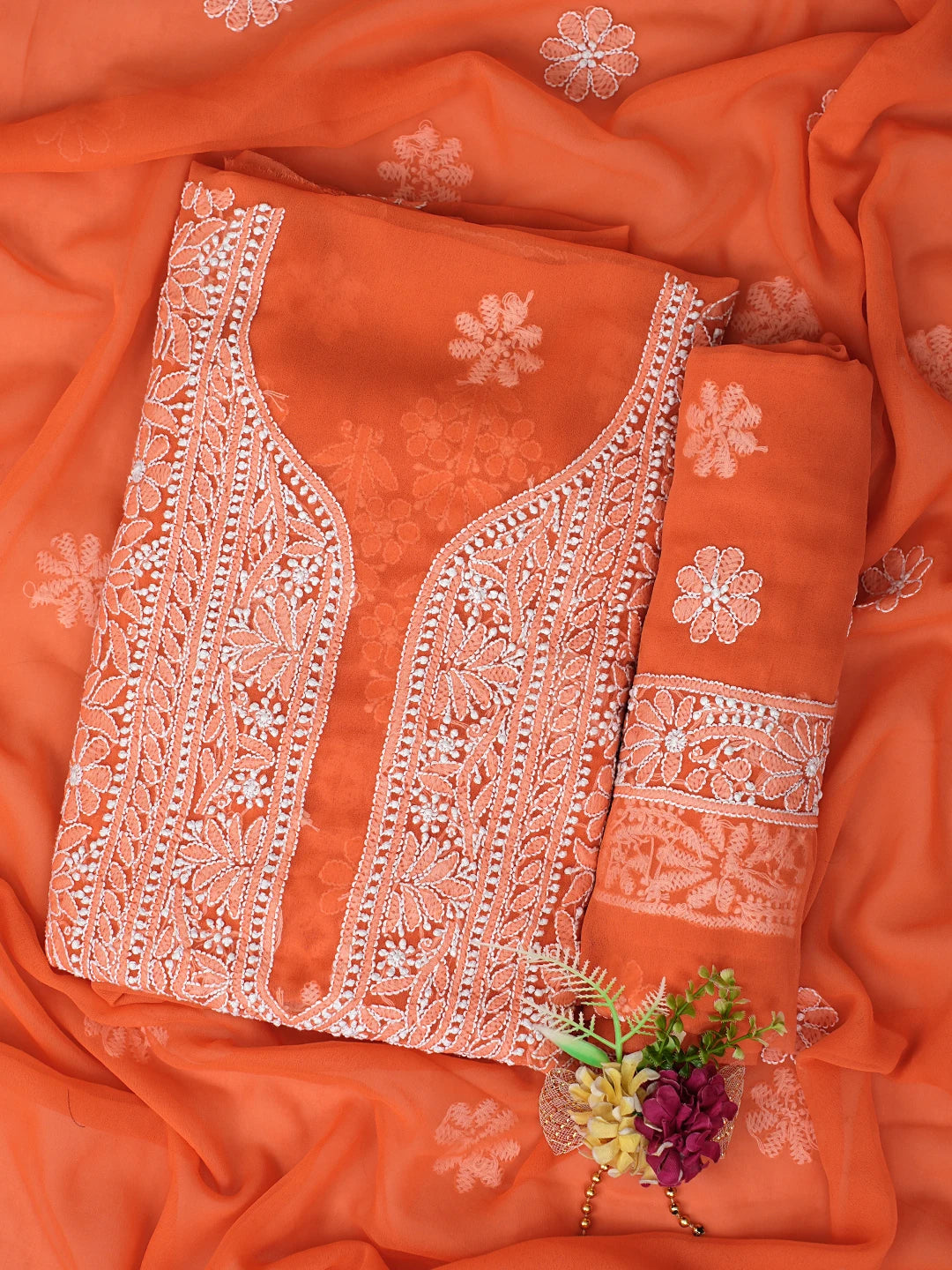 Ada Hand Embroidered Orange Georgette Lucknowi Chikankari Unstitched Suit Piece 01A835622