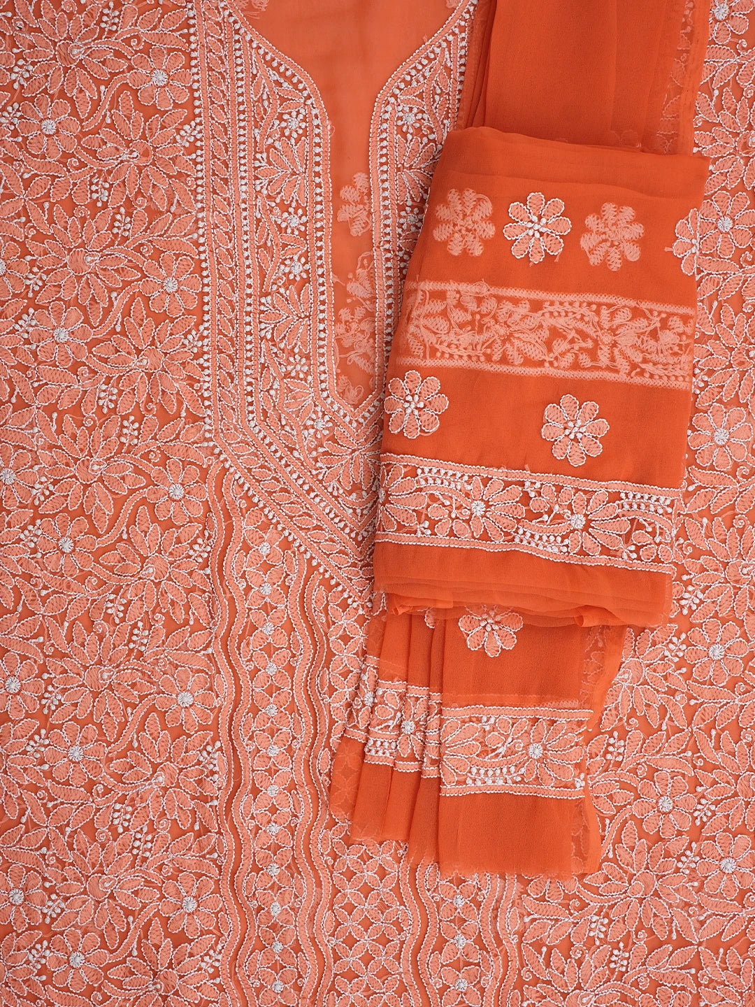 Ada Hand Embroidered Orange Georgette Lucknowi Chikankari Unstitched Suit Piece 01A835622