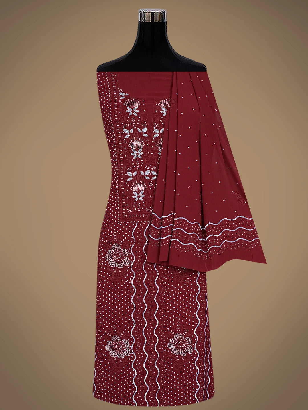 Ada Hand Embroidered Maroon Viscose Georgette Lucknowi Chikankari Unstitched Kurta Dupatta Set With Cutdana Work 01A536562