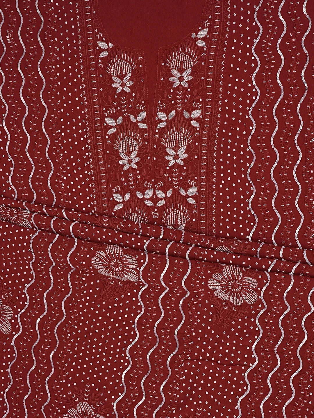 Ada Hand Embroidered Maroon Viscose Georgette Lucknowi Chikankari Unstitched Kurta Dupatta Set With Cutdana Work 01A536562