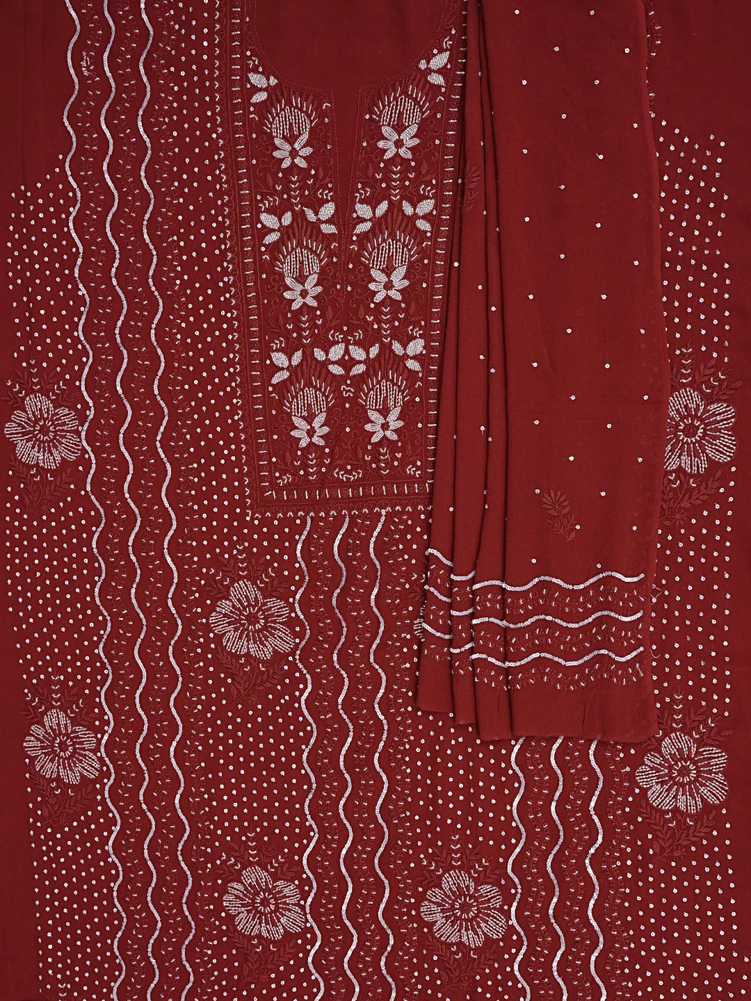 Ada Hand Embroidered Maroon Viscose Georgette Lucknowi Chikankari Unstitched Kurta Dupatta Set With Cutdana Work 01A536562