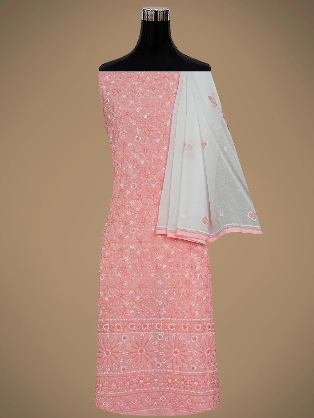 Ada Hand Embroidered Peach Georgette Lucknowi Chikankari Unstitched Suit Piece 01A729505