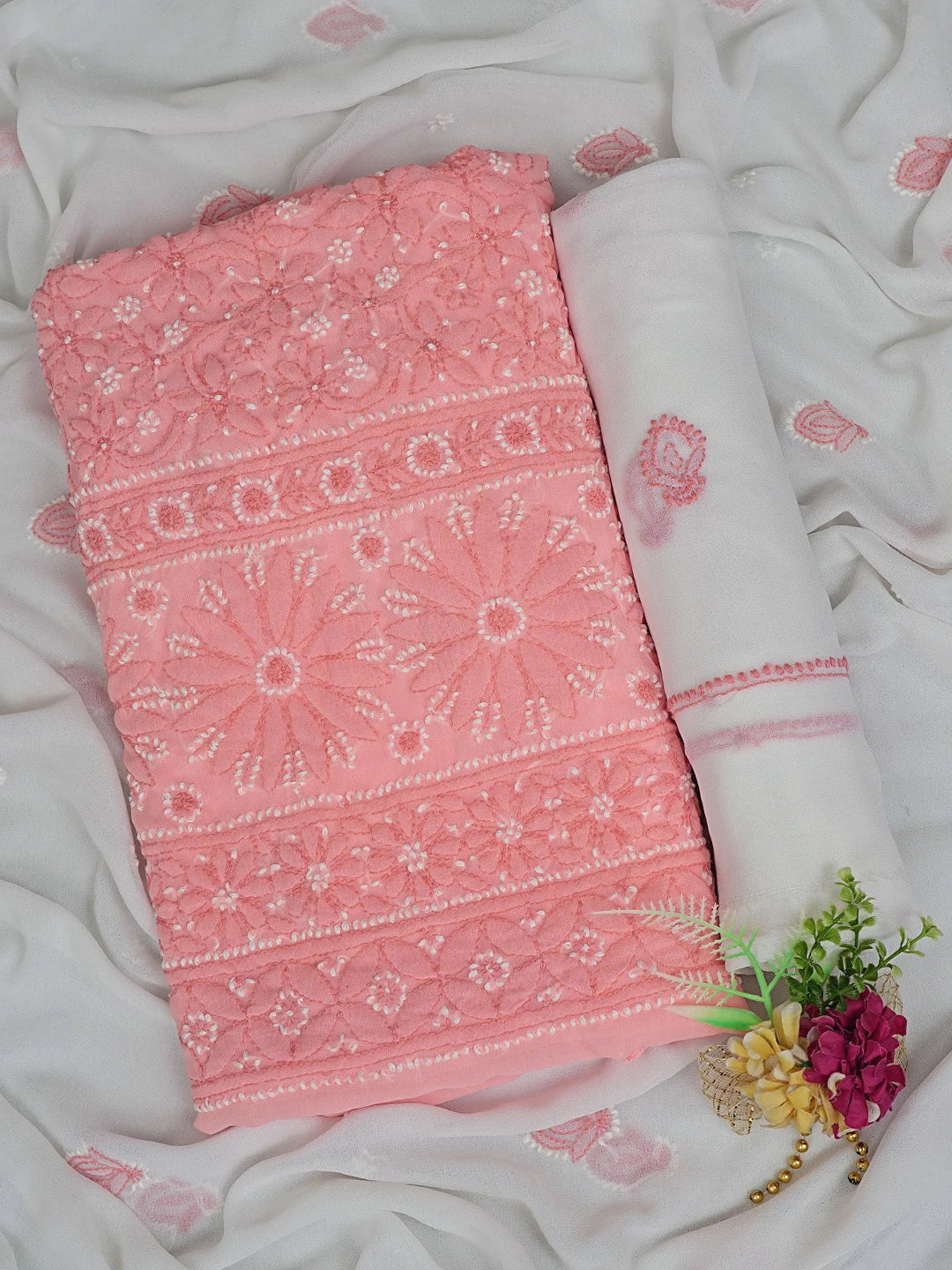 Ada Hand Embroidered Peach Georgette Lucknowi Chikankari Unstitched Suit Piece 01A729505