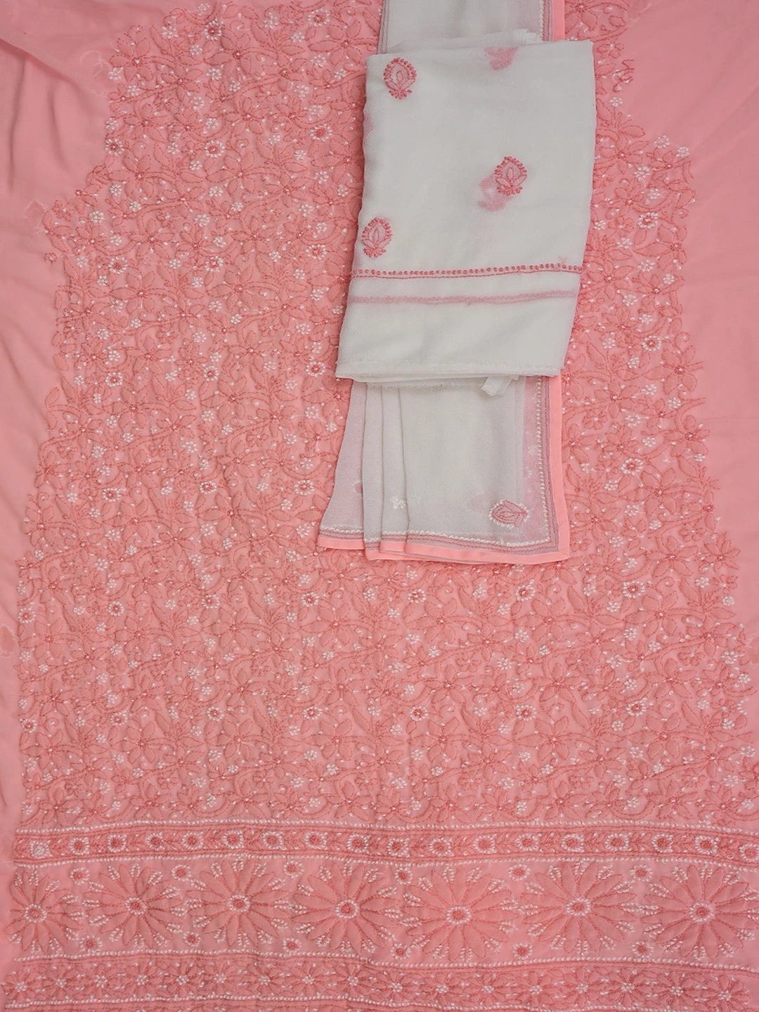 Ada Hand Embroidered Peach Georgette Lucknowi Chikankari Unstitched Suit Piece 01A729505