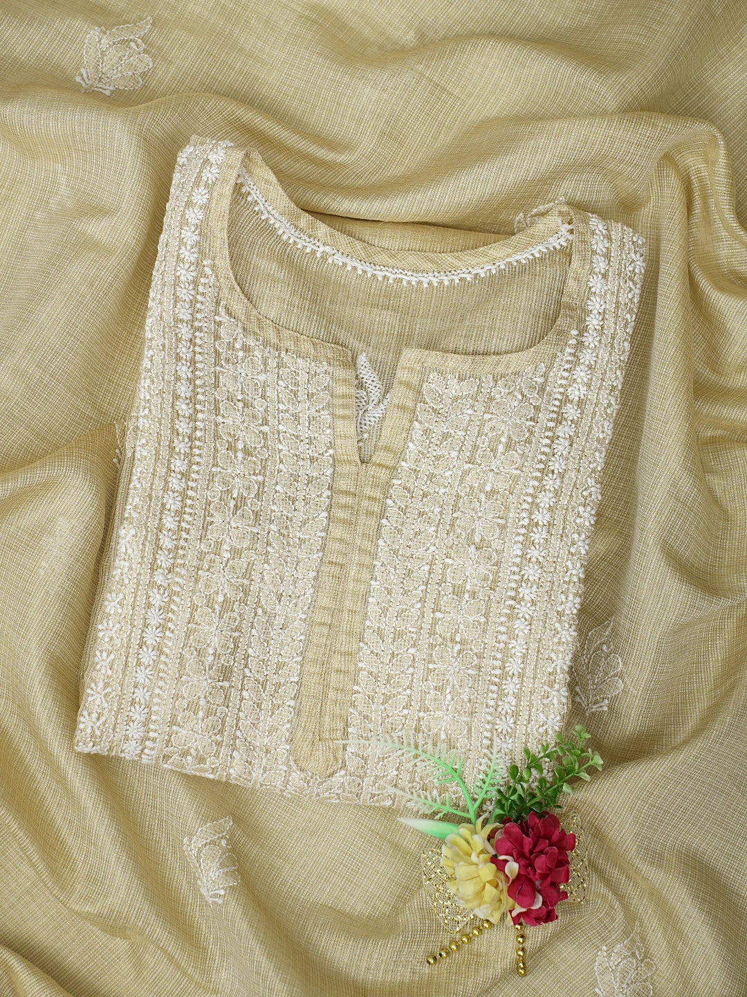 Ada Hand Embroidered Fawn Tissue Lucknowi Chikankari Semi-Stitched Kurta Dupatta Set 01A736033