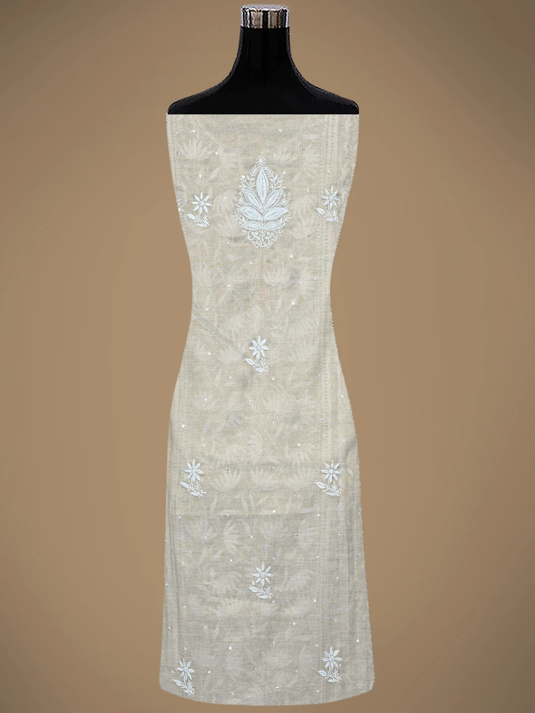 Ada Hand Embroidered Fawn Tissue Lucknowi Chikankari Semi-Stitched Kurta Dupatta Set With Pearl Work 01A809036